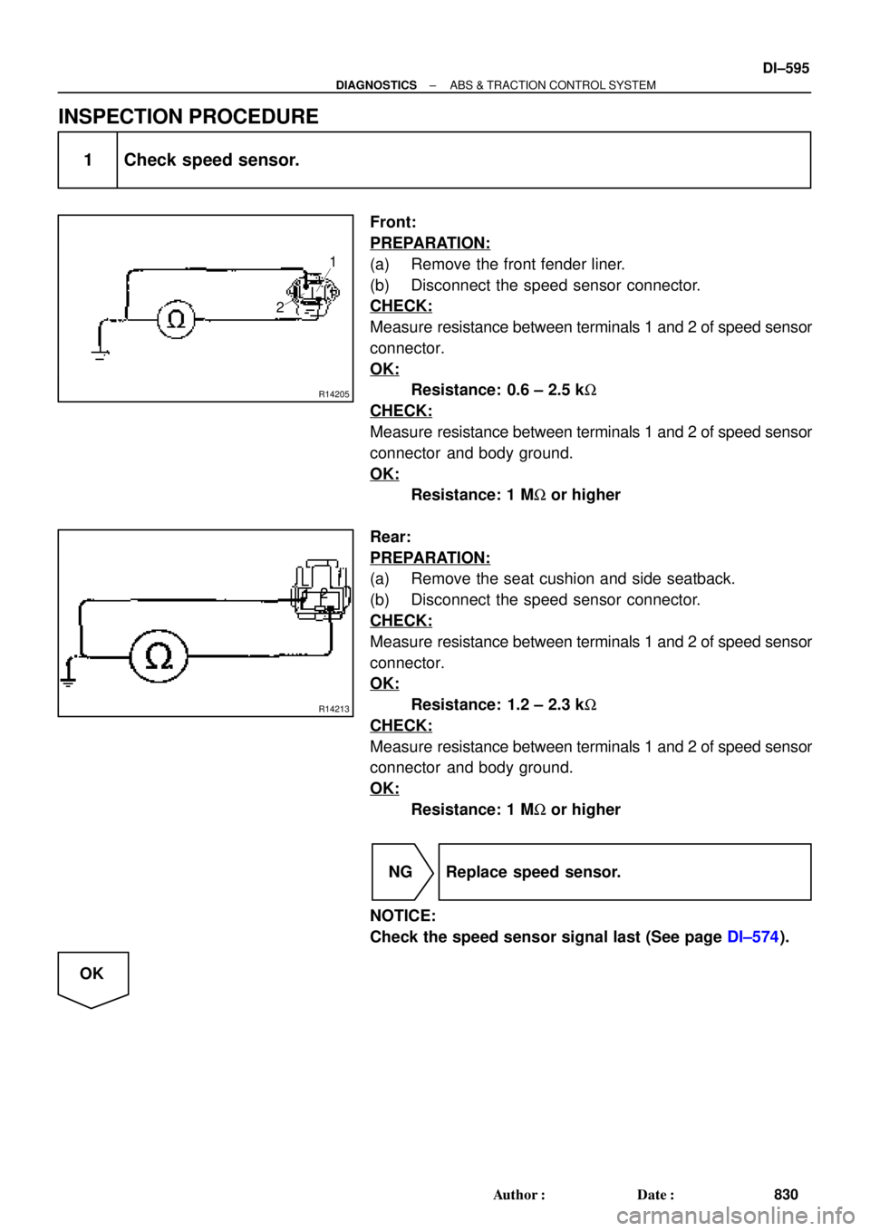 TOYOTA CAMRY 2000  Service Repair Manual R14205
1
2
R14213
12
12
12
12
12
1212
± DIAGNOSTICSABS & TRACTION CONTROL SYSTEM
DI±595
830 Author: Date:
INSPECTION PROCEDURE
1 Check speed sensor.
Front:
PREPARATION:
(a) Remove the front fender