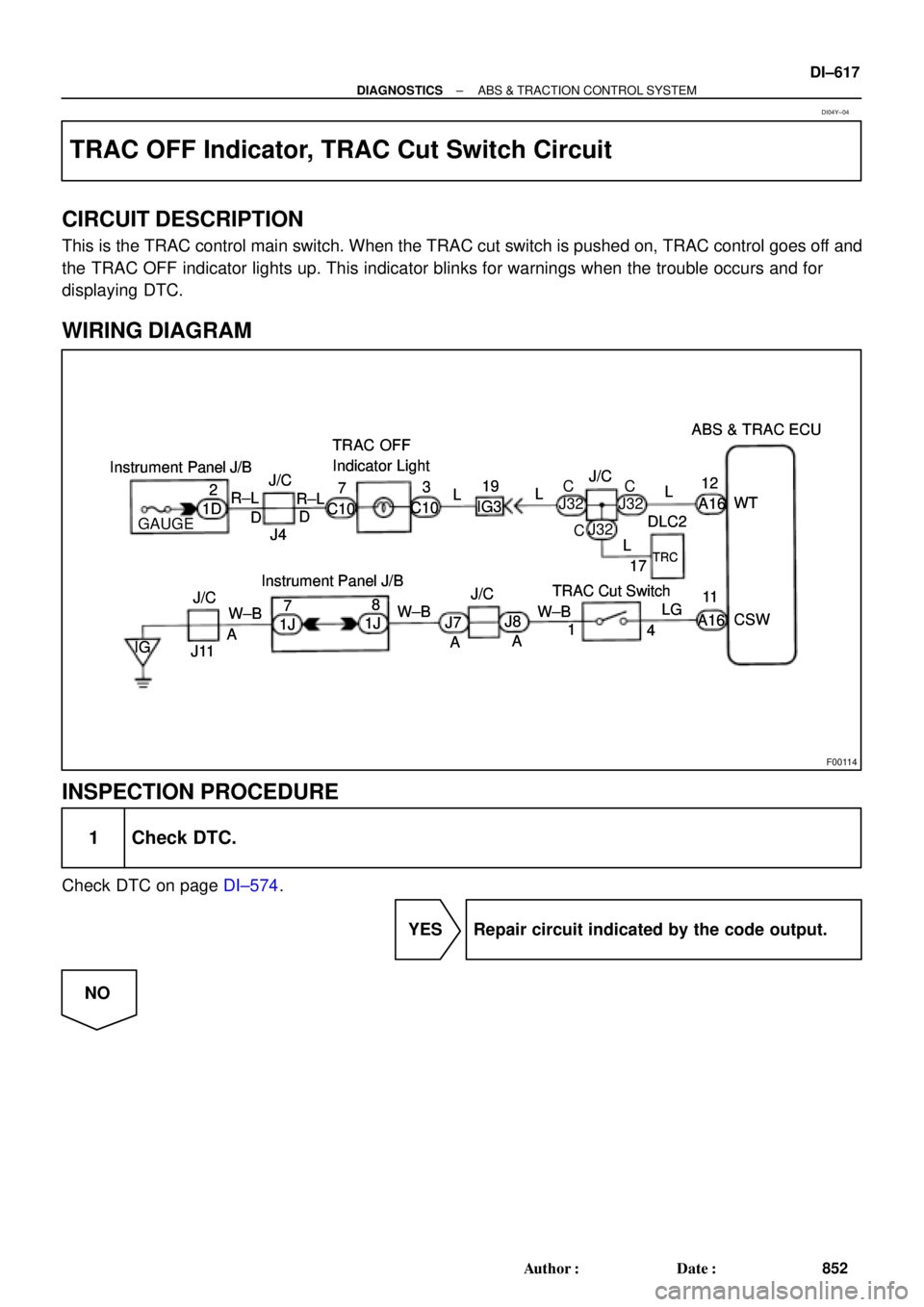 TOYOTA CAMRY 2000 Service Repair Manual F00114
TRAC OFF
Indicator LightABS & TRAC ECU
CJ32 C10 R±L7
DLC2
17 J/CJ/C
2
IG3
TRC
Instrument Panel J/B
1D
J4 D319
L
A16
D R±L
C10LL
L
A16 TRAC Cut Switch
W±B12
11
LGWT
CSW
J7
J114 1
IGJ8
A 8
1J TOYOTA CAMRY 2000 Service Repair Manual F00114
TRAC OFF
Indicator LightABS & TRAC ECU
CJ32 C10 R±L7
DLC2
17 J/CJ/C
2
IG3
TRC
Instrument Panel J/B
1D
J4 D319
L
A16
D R±L
C10LL
L
A16 TRAC Cut Switch
W±B12
11
LGWT
CSW
J7
J114 1
IGJ8
A 8
1J
