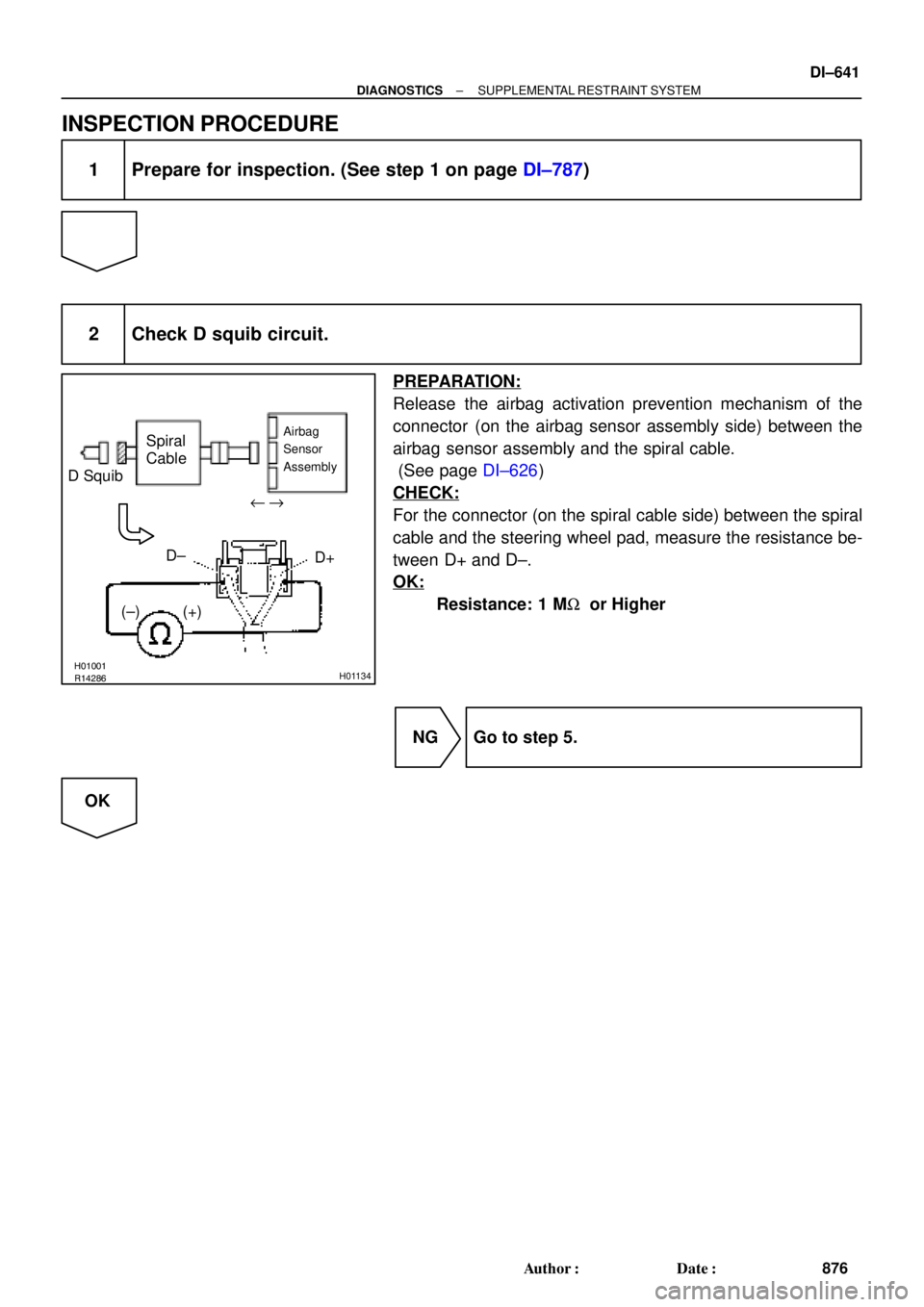 TOYOTA CAMRY 2000  Service Repair Manual R14286H01001H01134
D SquibSpiral
Cable
Airbag
Sensor
Assembly
D+ u"
(±) (+)D±
± DIAGNOSTICSSUPPLEMENTAL RESTRAINT SYSTEM
DI±641
876 Author: Date:
INSPECTION PROCEDURE
1 Prepare for inspection. (
