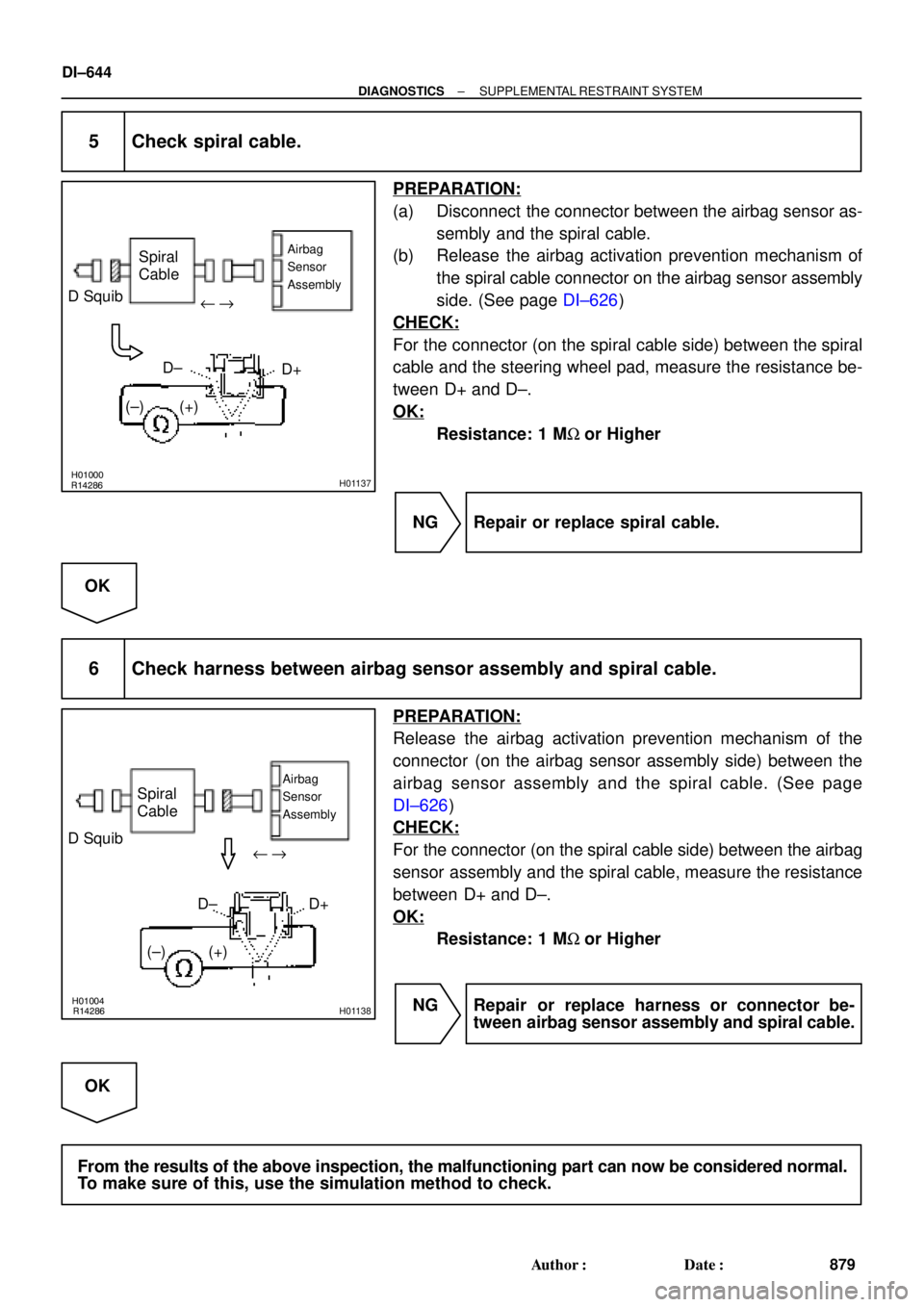 TOYOTA CAMRY 2000 Service Repair Manual R14286H01000H01137
D SquibSpiral
Cable
Airbag
Sensor
Assembly
D+ u"
(±) (+)D±
R14286H01004H01138
D SquibSpiral
Cable
Airbag
Sensor
Assembly
D+ u"
(±) (+)D±
DI±644
± DIAGNOSTICSSUPPLEMENTAL RESTR TOYOTA CAMRY 2000 Service Repair Manual R14286H01000H01137
D SquibSpiral
Cable
Airbag
Sensor
Assembly
D+ u"
(±) (+)D±
R14286H01004H01138
D SquibSpiral
Cable
Airbag
Sensor
Assembly
D+ u"
(±) (+)D±
DI±644
± DIAGNOSTICSSUPPLEMENTAL RESTR