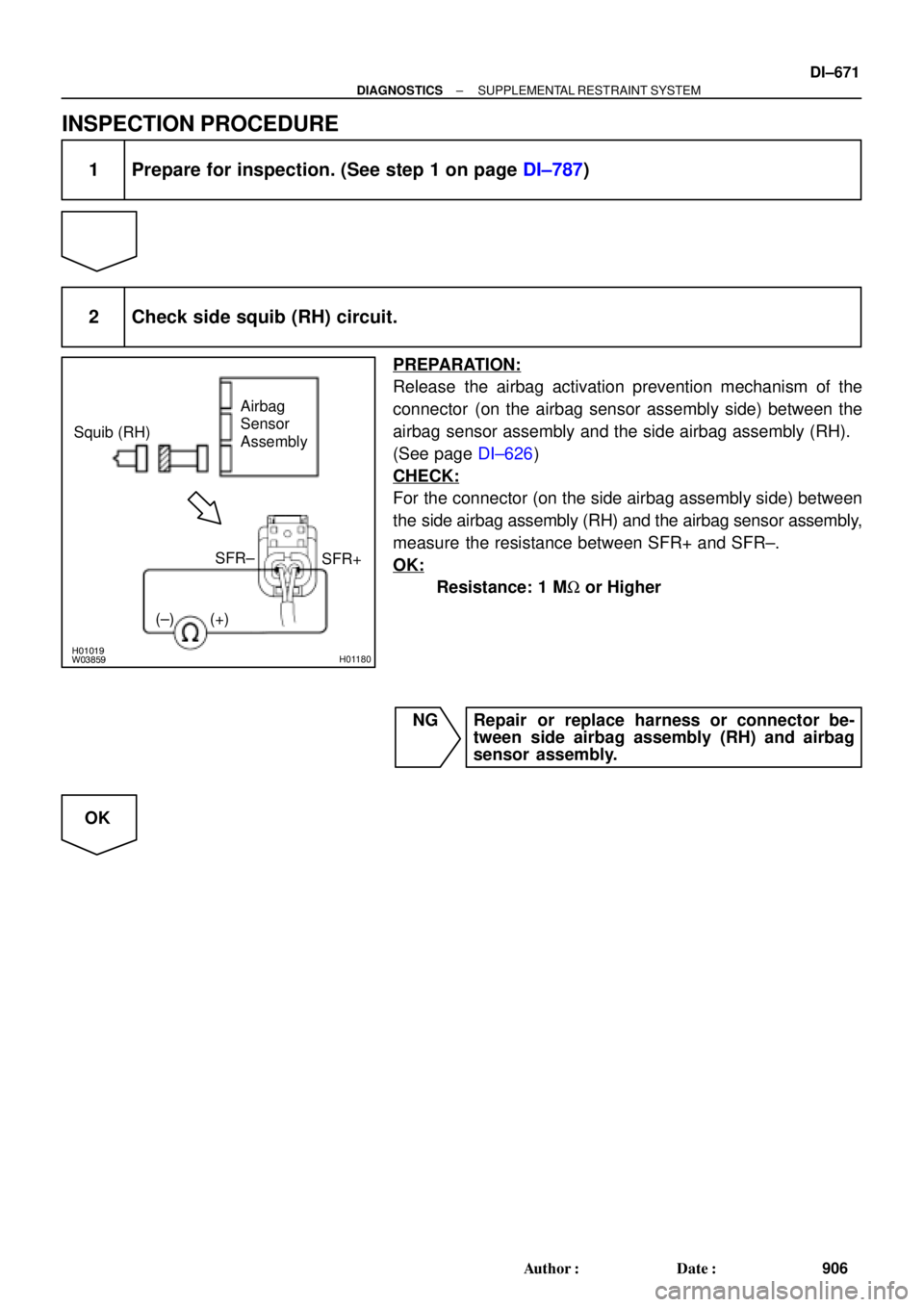 TOYOTA CAMRY 2000  Service Repair Manual H01019W03859H01180
Squib (RH)Airbag
Sensor
Assembly
SFR+
(±) (+)SFR±
± DIAGNOSTICSSUPPLEMENTAL RESTRAINT SYSTEM
DI±671
906 Author: Date:
INSPECTION PROCEDURE
1 Prepare for inspection. (See step 