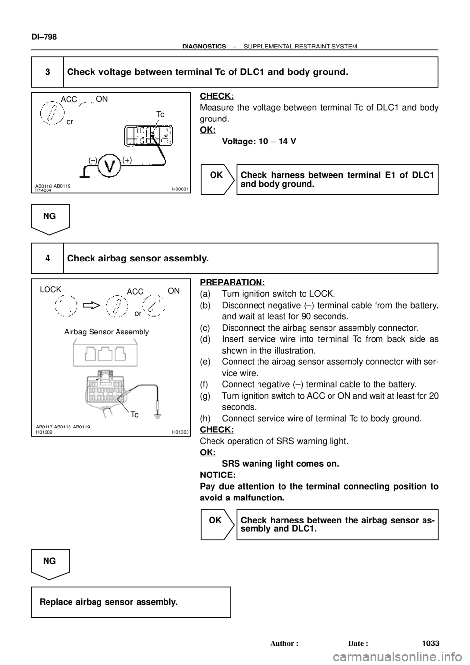 TOYOTA CAMRY 2000 Service Repair Manual AB0118
R14304AB0119
H00031
ACCON
orTc
(+)
(±)
AB0117 AB0118 AB0119H01302H01303
LOCK
ACCON
or
Airbag Sensor Assembly
Tc
DI±798
± DIAGNOSTICSSUPPLEMENTAL RESTRAINT SYSTEM
1033 Author: Date:
3 Check TOYOTA CAMRY 2000 Service Repair Manual AB0118
R14304AB0119
H00031
ACCON
orTc
(+)
(±)
AB0117 AB0118 AB0119H01302H01303
LOCK
ACCON
or
Airbag Sensor Assembly
Tc
DI±798
± DIAGNOSTICSSUPPLEMENTAL RESTRAINT SYSTEM
1033 Author: Date:
3 Check