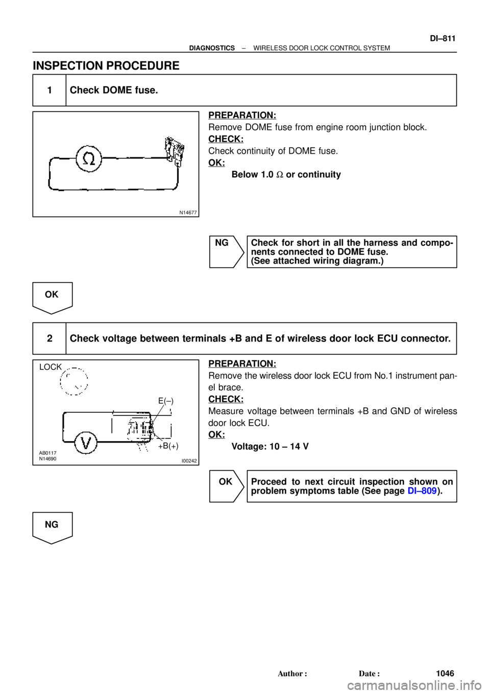TOYOTA CAMRY 2000  Service Repair Manual N14677
AB0117
N14690
I00242
LOCK
E(±)
+B(+)
± DIAGNOSTICSWIRELESS DOOR LOCK CONTROL SYSTEM
DI±811
1046 Author: Date:
INSPECTION PROCEDURE
1 Check DOME fuse.
PREPARATION:
Remove DOME fuse from eng