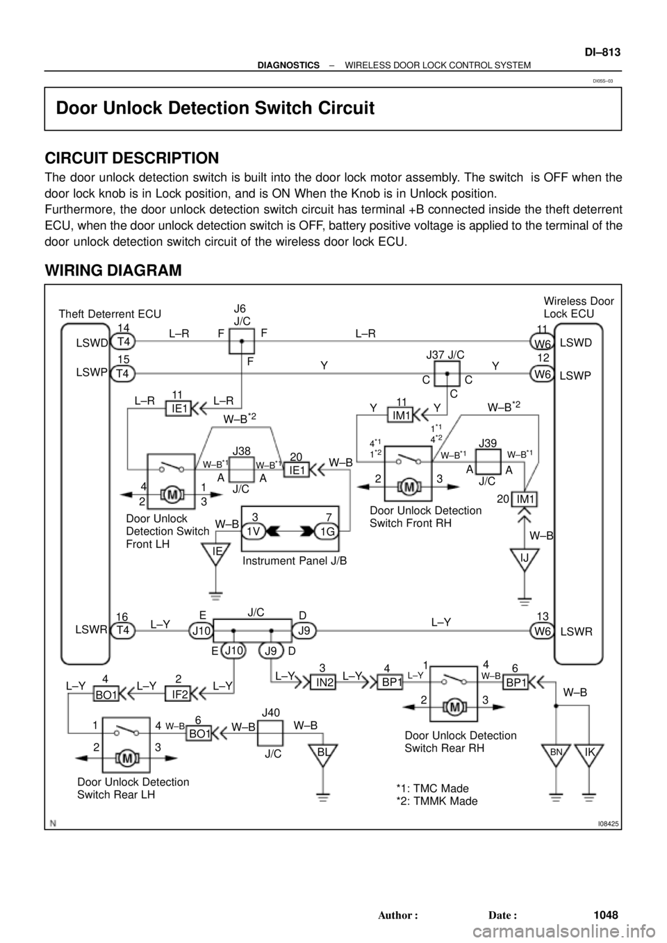 TOYOTA CAMRY 2000 Service Repair Manual I08425
Theft Deterrent ECU
LSWD14
T4
LSWP
LSWR15
T4
16
T4Wireless Door
Lock ECU
W±B
*2
Door Unlock Detection
Switch Rear RH IE
Instrument Panel J/B J6
J/C
F
1111
L±RF
F
YL±R
LSWD
LSWP
LSWR W6
12
W TOYOTA CAMRY 2000 Service Repair Manual I08425
Theft Deterrent ECU
LSWD14
T4
LSWP
LSWR15
T4
16
T4Wireless Door
Lock ECU
W±B
*2
Door Unlock Detection
Switch Rear RH IE
Instrument Panel J/B J6
J/C
F
1111
L±RF
F
YL±R
LSWD
LSWP
LSWR W6
12
W