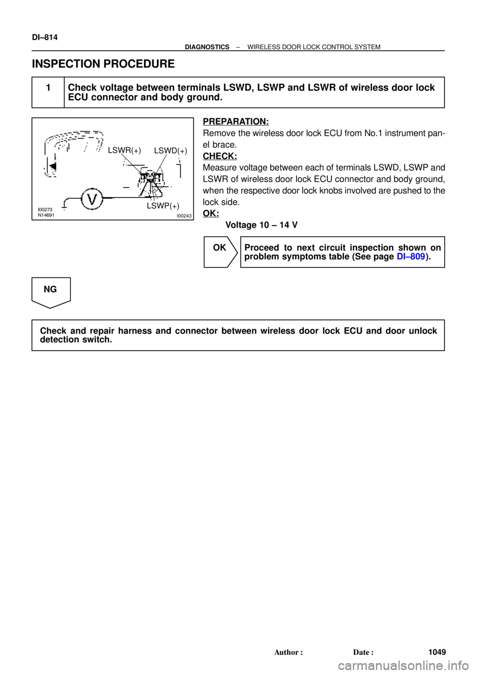 TOYOTA CAMRY 2000  Service Repair Manual I00273
N14691
I00243
LSWR(+)
LSWD(+)
LSWP(+)
DI±814
± DIAGNOSTICSWIRELESS DOOR LOCK CONTROL SYSTEM
1049 Author: Date:
INSPECTION PROCEDURE
1 Check voltage between terminals LSWD, LSWP and LSWR of 
