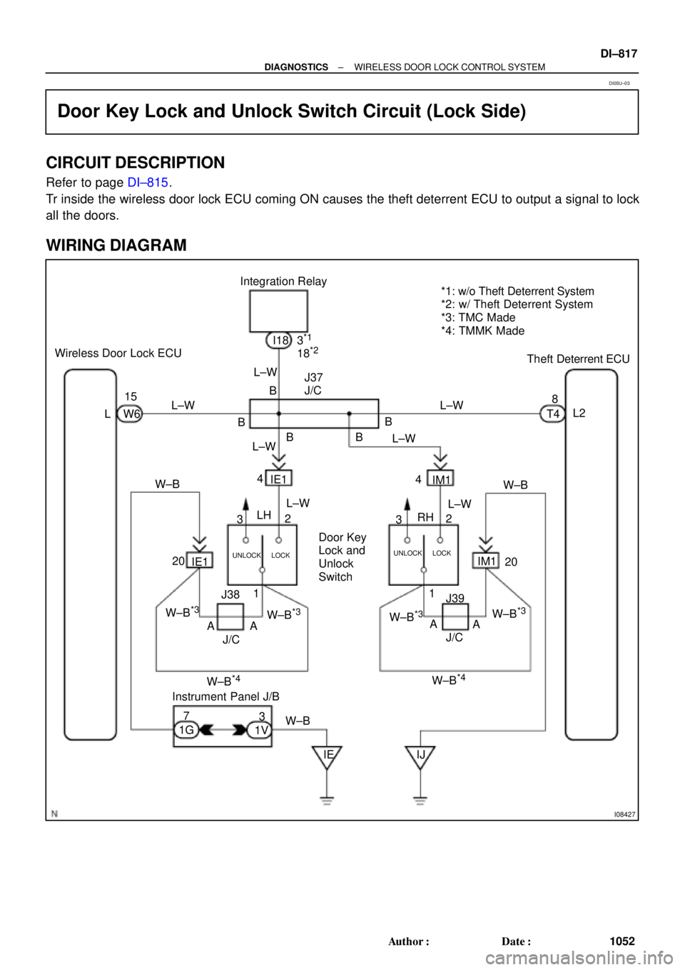 TOYOTA CAMRY 2000  Service Repair Manual I08427
Wireless Door Lock ECUIntegration Relay
L2 8
T4 I18
L15
W6
BJ37
J/C
4
IE1
7B
B B
1G3
1V
IE 20RH
J38 W±B
IE1
J/C AA W±B
*3W±B*3
W±B*4
32
UNLOCK LOCK
Door Key
Lock and
Unlock
Switch4
IM1
32
1