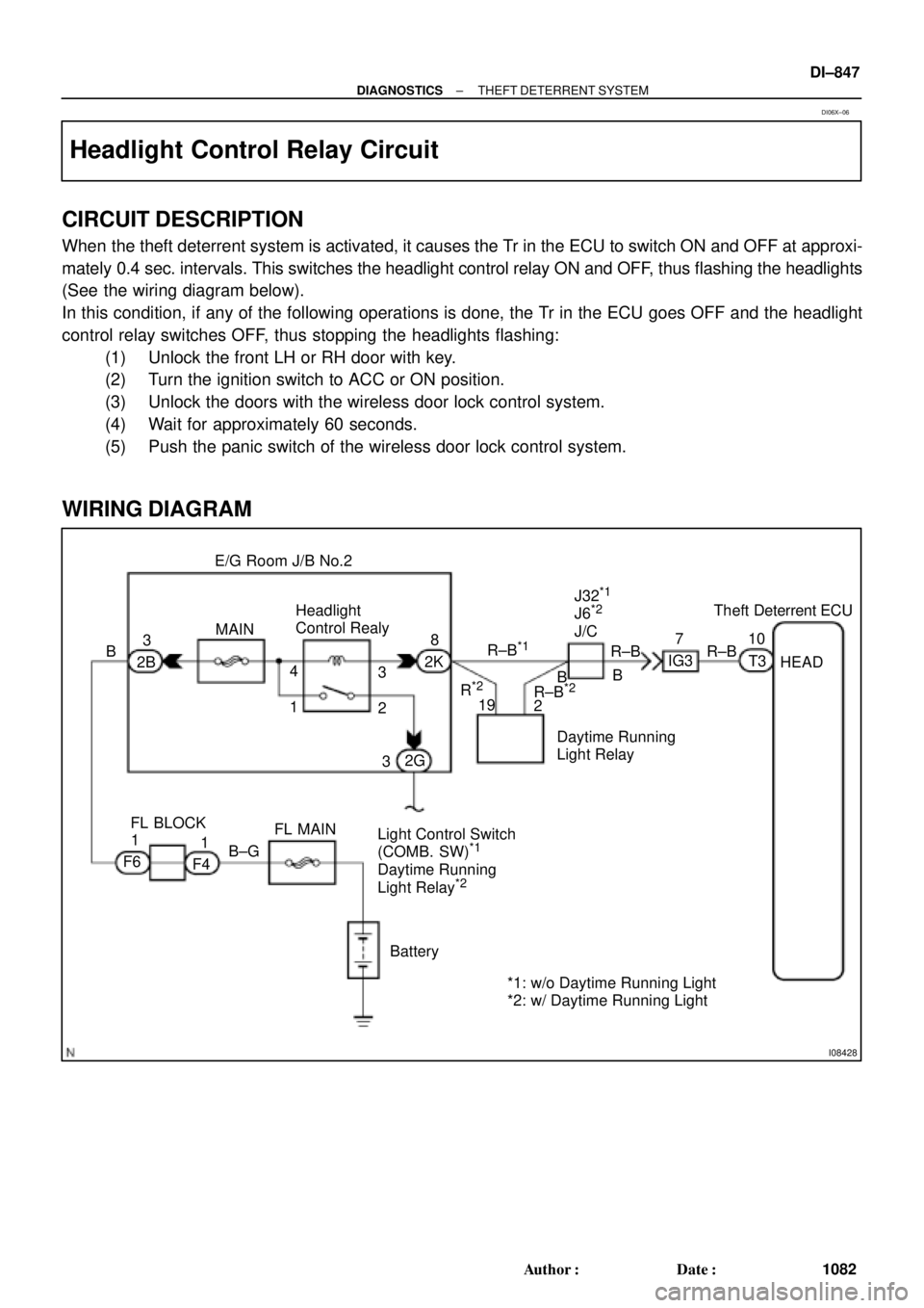 TOYOTA CAMRY 2000 Service Repair Manual I08428
E/G Room J/B No.2
Theft Deterrent ECU Headlight
Control Realy
FL MAIN
Battery 3
2BMAIN
HEAD R±B B
3 4
1
28
2K
32G
1
F61
F4Light Control Switch
(COMB. SW)
*1
Daytime Running
Light Relay*2
Dayti TOYOTA CAMRY 2000 Service Repair Manual I08428
E/G Room J/B No.2
Theft Deterrent ECU Headlight
Control Realy
FL MAIN
Battery 3
2BMAIN
HEAD R±B B
3 4
1
28
2K
32G
1
F61
F4Light Control Switch
(COMB. SW)
*1
Daytime Running
Light Relay*2
Dayti