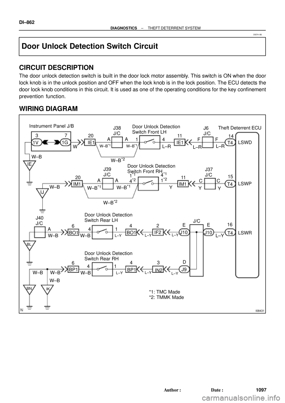 TOYOTA CAMRY 2000 Service Repair Manual I08431
Theft Deterrent ECU
14
T4 Instrument Panel J/B
Door Unlock Detection
Switch Front LHJ6
J/C
L±RLSWD
LSWP
LSWR 15
T4
16
T4 L±R L±R11
IE1F F
W±B*1
IE
4
*1
1*21*1
4*2
J10E 4 1
W±B*1
J38
J/C
A TOYOTA CAMRY 2000 Service Repair Manual I08431
Theft Deterrent ECU
14
T4 Instrument Panel J/B
Door Unlock Detection
Switch Front LHJ6
J/C
L±RLSWD
LSWP
LSWR 15
T4
16
T4 L±R L±R11
IE1F F
W±B*1
IE
4
*1
1*21*1
4*2
J10E 4 1
W±B*1
J38
J/C
A