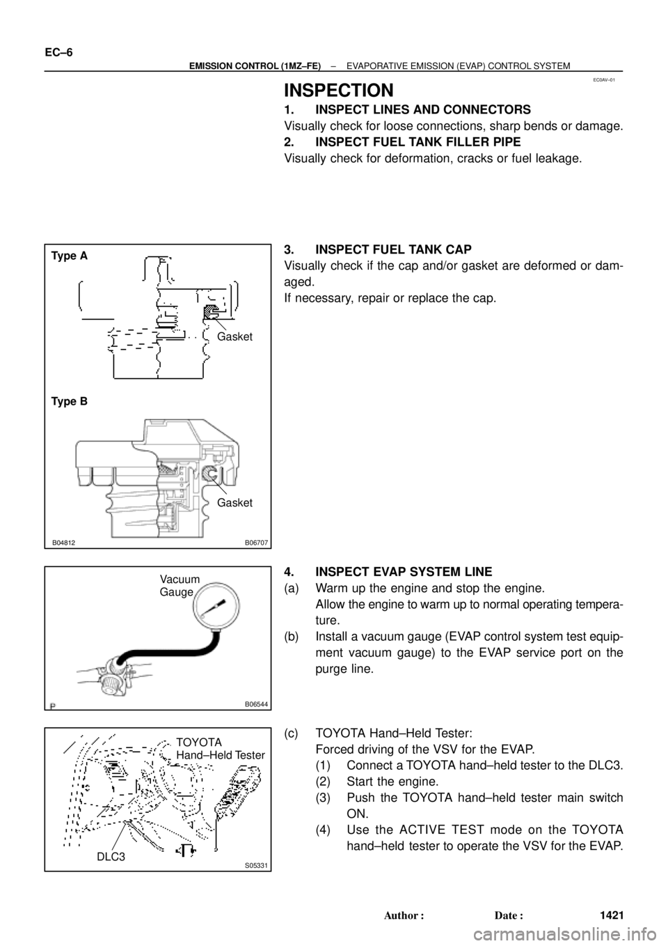 TOYOTA CAMRY 2000 Service Repair Manual EC0AV±01
B01082B04812B06707
Type A
Type BGasket
Gasket
B06544
Vacuum
Gauge
S05331
TOYOTA
Hand±Held Tester
DLC3
EC±6
± EMISSION CONTROL (1MZ±FE)EVAPORATIVE EMISSION (EVAP) CONTROL SYSTEM
1421 Auth TOYOTA CAMRY 2000 Service Repair Manual EC0AV±01
B01082B04812B06707
Type A
Type BGasket
Gasket
B06544
Vacuum
Gauge
S05331
TOYOTA
Hand±Held Tester
DLC3
EC±6
± EMISSION CONTROL (1MZ±FE)EVAPORATIVE EMISSION (EVAP) CONTROL SYSTEM
1421 Auth
