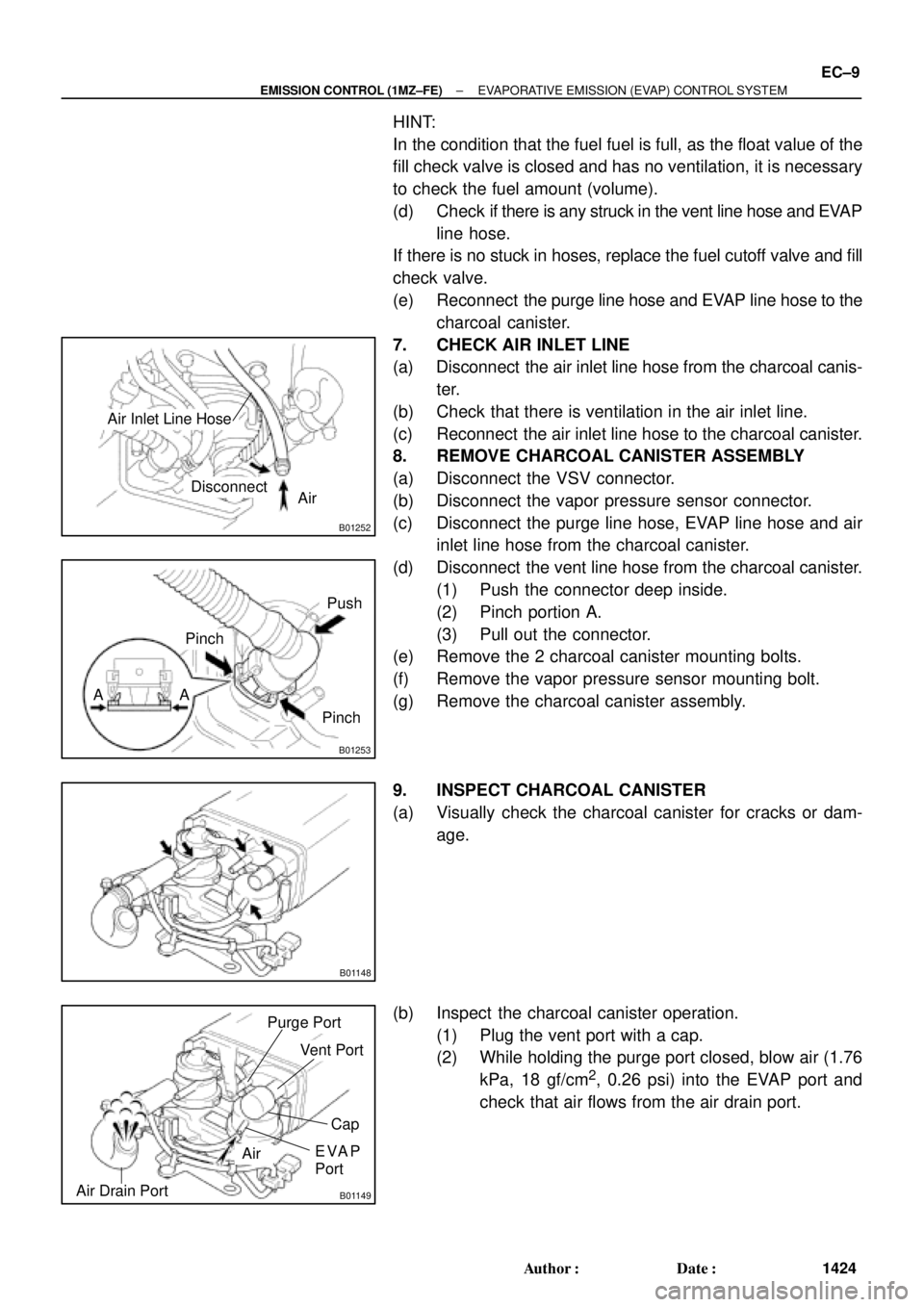 TOYOTA CAMRY 2000 Service Repair Manual B01252
AirDisconnect
Air Inlet Line Hose
B01253
Pinch
Push
AA
Pinch
B01148
B01149
Air
Purge Port
Vent Port
Air Drain Port
Cap
EVAP
Port
± EMISSION CONTROL (1MZ±FE)EVAPORATIVE EMISSION (EVAP) CONTROL TOYOTA CAMRY 2000 Service Repair Manual B01252
AirDisconnect
Air Inlet Line Hose
B01253
Pinch
Push
AA
Pinch
B01148
B01149
Air
Purge Port
Vent Port
Air Drain Port
Cap
EVAP
Port
± EMISSION CONTROL (1MZ±FE)EVAPORATIVE EMISSION (EVAP) CONTROL