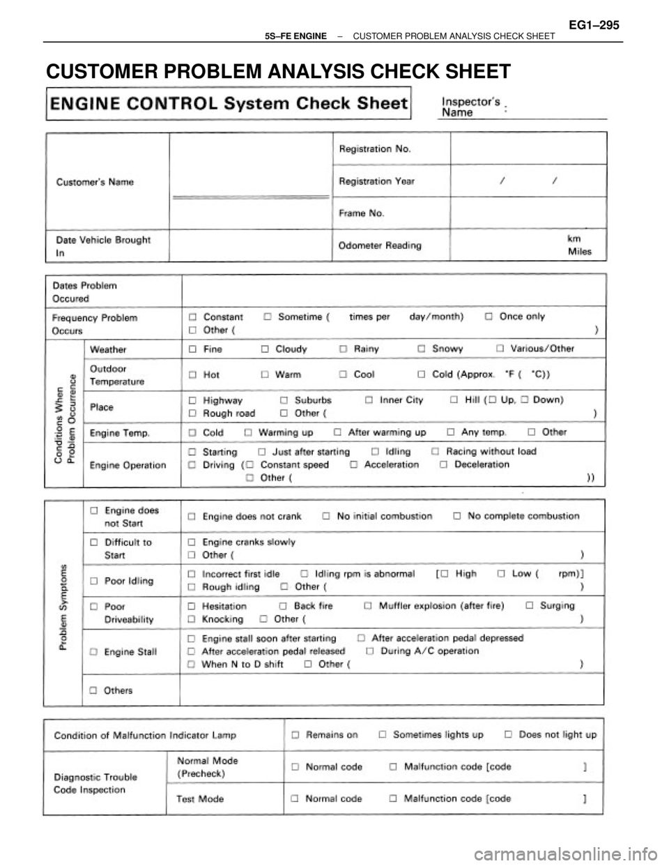 TOYOTA CAMRY 2000  Service Repair Manual CUSTOMER PROBLEM ANALYSIS CHECK SHEET
± 5S±FE ENGINECUSTOMER PROBLEM ANALYSIS CHECK SHEETEG1±295 