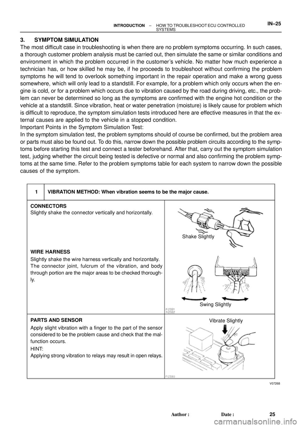 TOYOTA CAMRY 2000 Service Repair Manual V07268
VIBRATION METHOD: When vibration seems to be the major cause.
CONNECTORS
WIRE HARNESS
PARTS AND SENSOR1
Slightly shake the connector vertically and horizontally.
Slightly shake the wire harness TOYOTA CAMRY 2000 Service Repair Manual V07268
VIBRATION METHOD: When vibration seems to be the major cause.
CONNECTORS
WIRE HARNESS
PARTS AND SENSOR1
Slightly shake the connector vertically and horizontally.
Slightly shake the wire harness