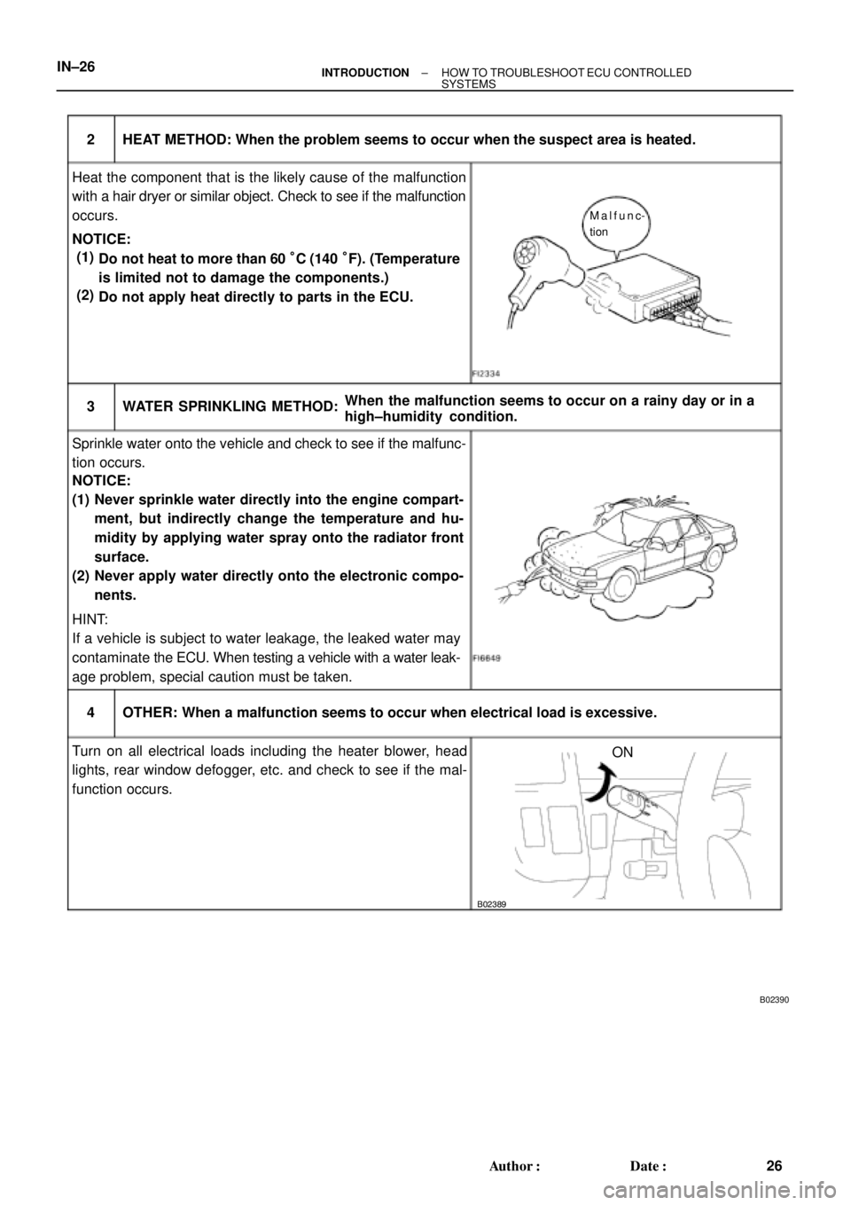 TOYOTA CAMRY 2000 Service Repair Manual B02389
B02390
HEAT METHOD: When the problem seems to occur when the suspect area is heated. 2
NOTICE:3 WATER SPRINKLING METHOD:
(1)
(2)
4 OTHER: When a malfunction seems to occur when electrical load TOYOTA CAMRY 2000 Service Repair Manual B02389
B02390
HEAT METHOD: When the problem seems to occur when the suspect area is heated. 2
NOTICE:3 WATER SPRINKLING METHOD:
(1)
(2)
4 OTHER: When a malfunction seems to occur when electrical load