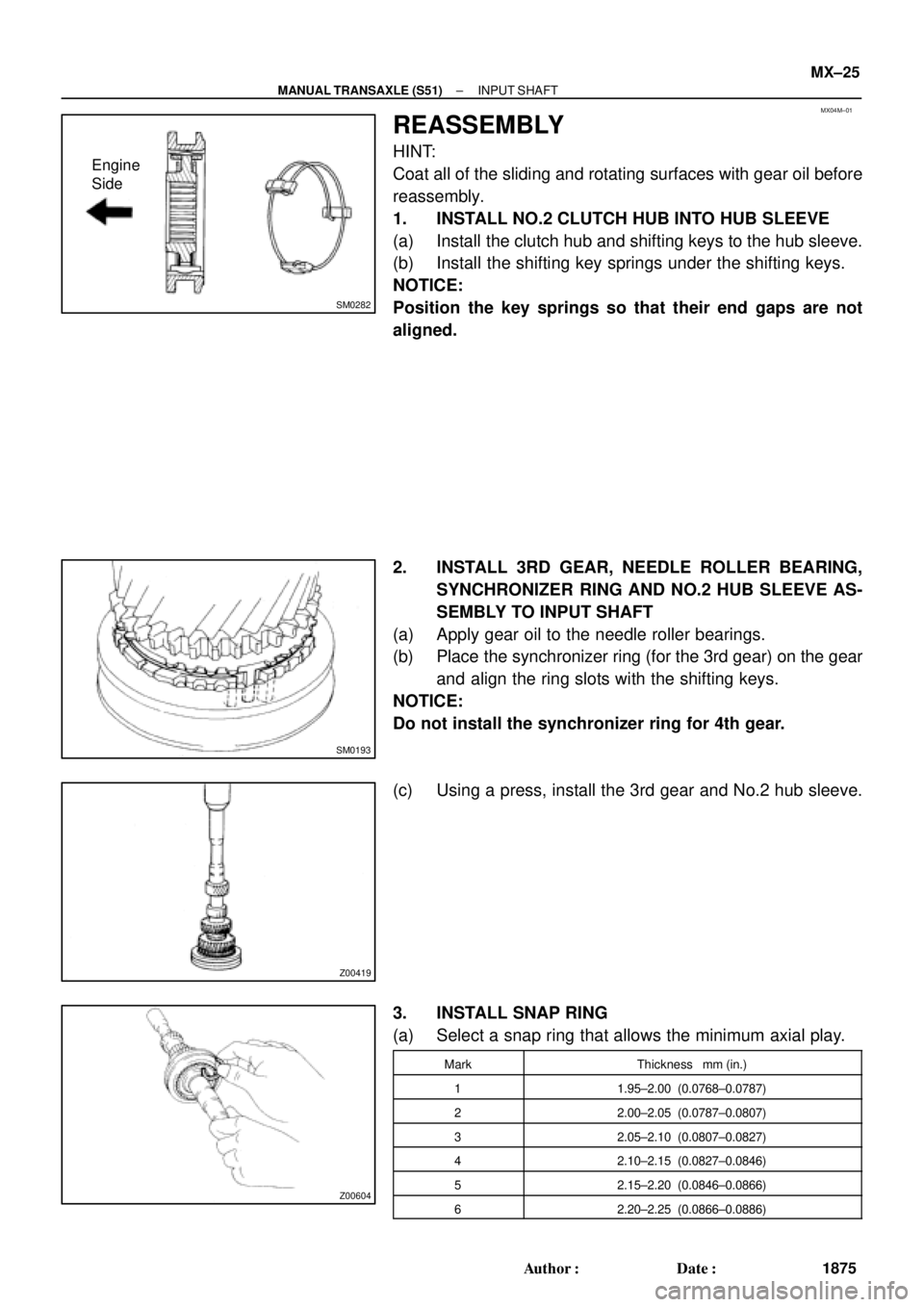 TOYOTA CAMRY 2000 Service Repair Manual MX04M±01
SM0282
Engine
Side
SM0193
Z00419
Z00604
± MANUAL TRANSAXLE (S51)INPUT SHAFT
MX±25
1875 Author: Date:
REASSEMBLY
HINT:
Coat all of the sliding and rotating surfaces with gear oil before
r TOYOTA CAMRY 2000 Service Repair Manual MX04M±01
SM0282
Engine
Side
SM0193
Z00419
Z00604
± MANUAL TRANSAXLE (S51)INPUT SHAFT
MX±25
1875 Author: Date:
REASSEMBLY
HINT:
Coat all of the sliding and rotating surfaces with gear oil before
r
