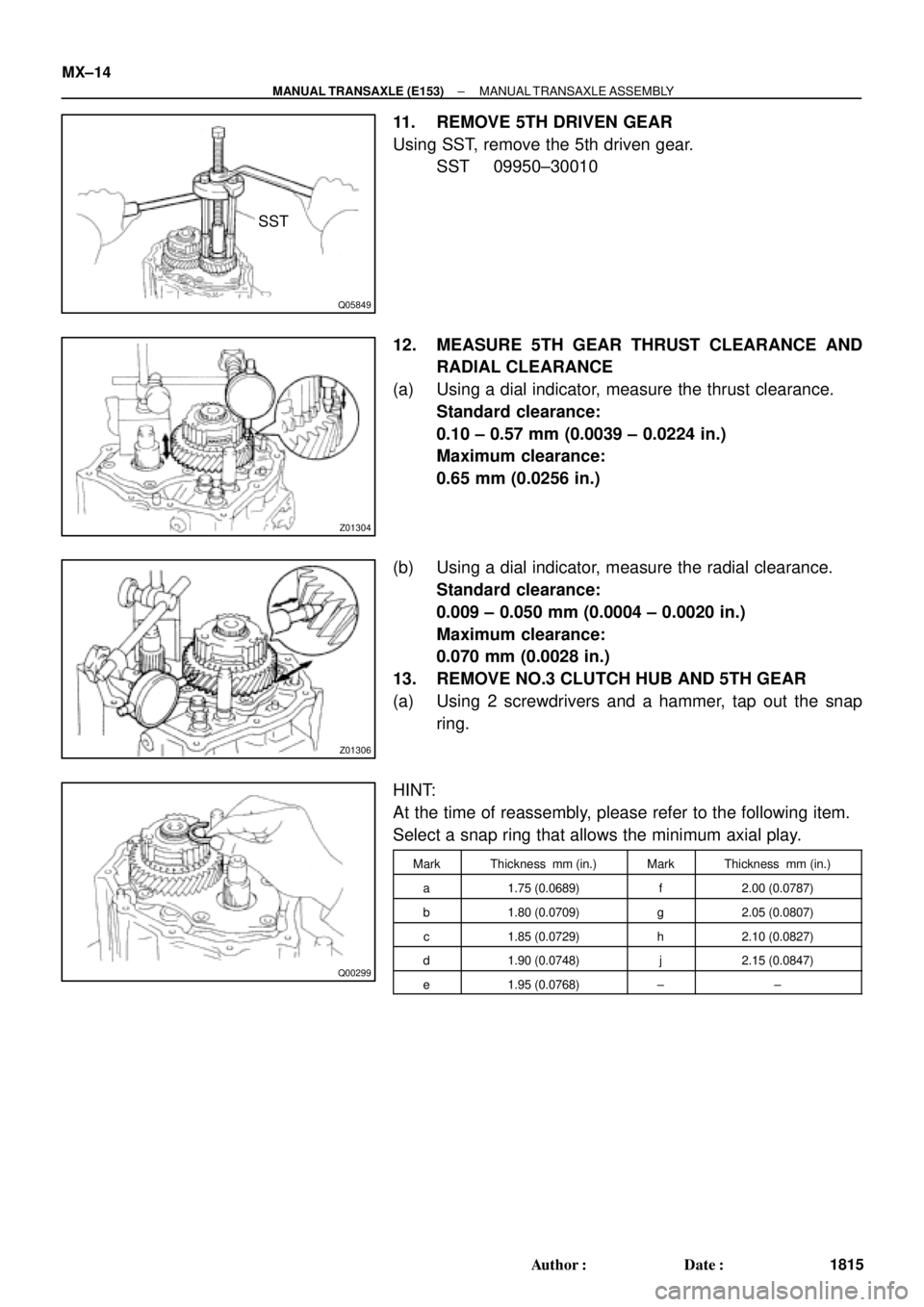 TOYOTA CAMRY 2000  Service Repair Manual Q05849
SST
Z01304
Z01306
Q00299
MX±14
± MANUAL TRANSAXLE (E153)MANUAL TRANSAXLE ASSEMBLY
1815 Author: Date:
11. REMOVE 5TH DRIVEN GEAR
Using SST, remove the 5th driven gear.
SST 09950±30010
12. M