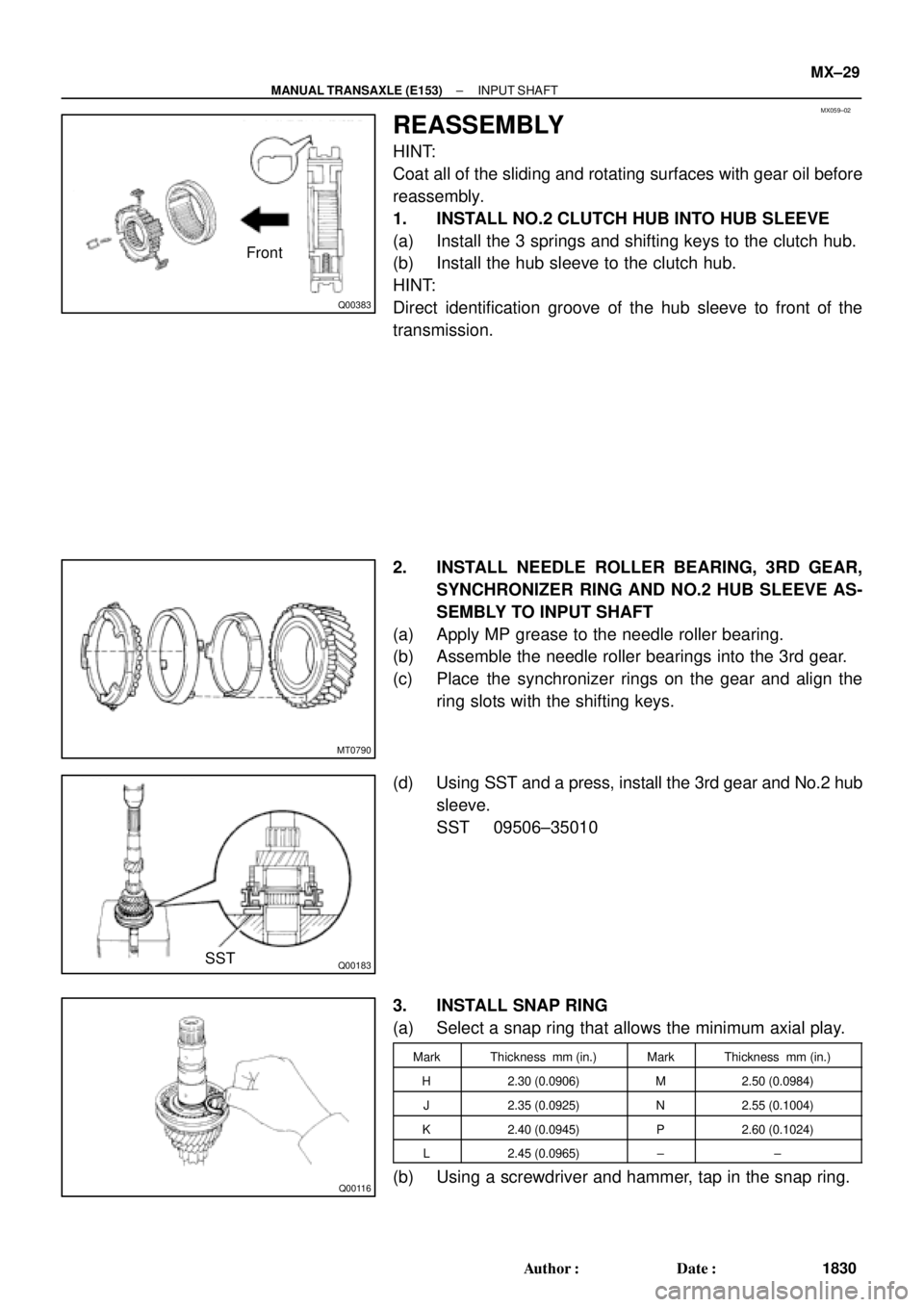 TOYOTA CAMRY 2000 Service Repair Manual MX059±02
Q00383
Front
MT0790
Q00183SST
Q00116
± MANUAL TRANSAXLE (E153)INPUT SHAFT
MX±29
1830 Author: Date:
REASSEMBLY
HINT:
Coat all of the sliding and rotating surfaces with gear oil before
rea TOYOTA CAMRY 2000 Service Repair Manual MX059±02
Q00383
Front
MT0790
Q00183SST
Q00116
± MANUAL TRANSAXLE (E153)INPUT SHAFT
MX±29
1830 Author: Date:
REASSEMBLY
HINT:
Coat all of the sliding and rotating surfaces with gear oil before
rea