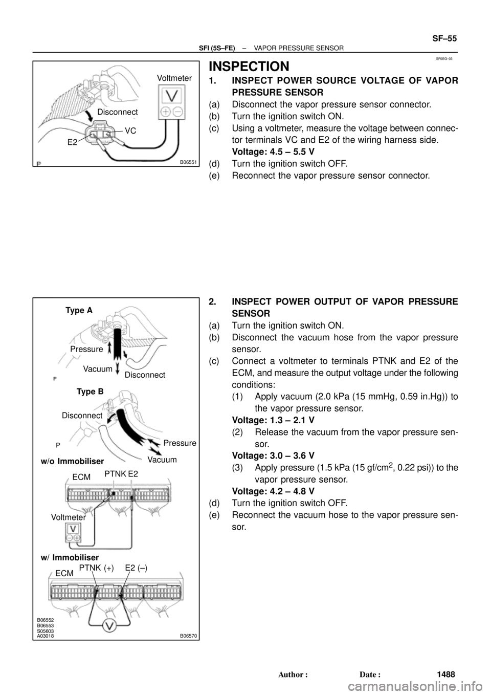 TOYOTA CAMRY 2000 Service Repair Manual SF0EG±03
B06551
Disconnect
VC
E2Voltmeter
A03018S05603B06553B06552
B06570
Vacuum
Disconnect
ECME2
Disconnect
Pressure
Vacuum
PTNK
Voltmeter
PTNK (+) E2 (±) w/ Immobiliser
ECM
w/o Immobiliser
Pressur TOYOTA CAMRY 2000 Service Repair Manual SF0EG±03
B06551
Disconnect
VC
E2Voltmeter
A03018S05603B06553B06552
B06570
Vacuum
Disconnect
ECME2
Disconnect
Pressure
Vacuum
PTNK
Voltmeter
PTNK (+) E2 (±) w/ Immobiliser
ECM
w/o Immobiliser
Pressur