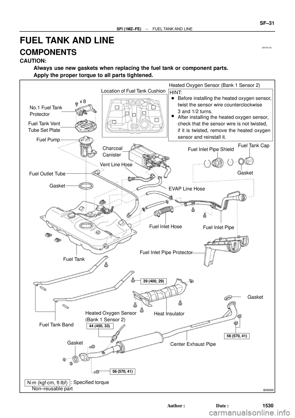 TOYOTA CAMRY 2000 Service Repair Manual SF07N±03
B06469
Heated Oxygen Sensor (Bank 1 Sensor 2)
Before installing the heated oxygen sensor,
twist the sensor wire counterclockwise
3 and 1/2 turns. HINT:
After installing the heated oxygen sen TOYOTA CAMRY 2000 Service Repair Manual SF07N±03
B06469
Heated Oxygen Sensor (Bank 1 Sensor 2)
Before installing the heated oxygen sensor,
twist the sensor wire counterclockwise
3 and 1/2 turns. HINT:
After installing the heated oxygen sen