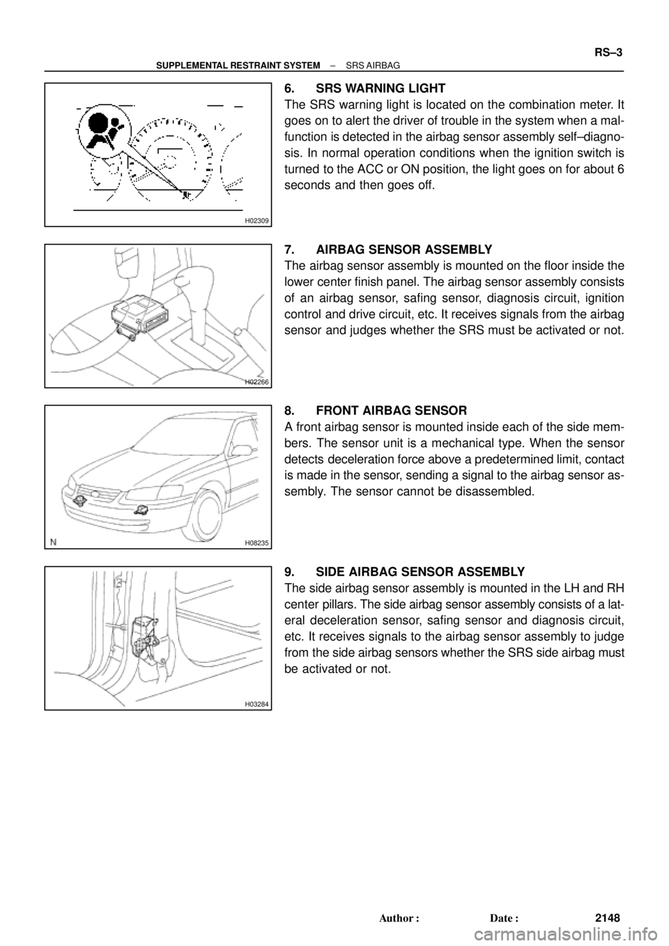 TOYOTA CAMRY 2000 Service Repair Manual H02309
H02266
H08235
H03284
± SUPPLEMENTAL RESTRAINT SYSTEMSRS AIRBAG
RS±3
2148 Author: Date:
6. SRS WARNING LIGHT
The SRS warning light is located on the combination meter. It
goes on to alert th TOYOTA CAMRY 2000 Service Repair Manual H02309
H02266
H08235
H03284
± SUPPLEMENTAL RESTRAINT SYSTEMSRS AIRBAG
RS±3
2148 Author: Date:
6. SRS WARNING LIGHT
The SRS warning light is located on the combination meter. It
goes on to alert th