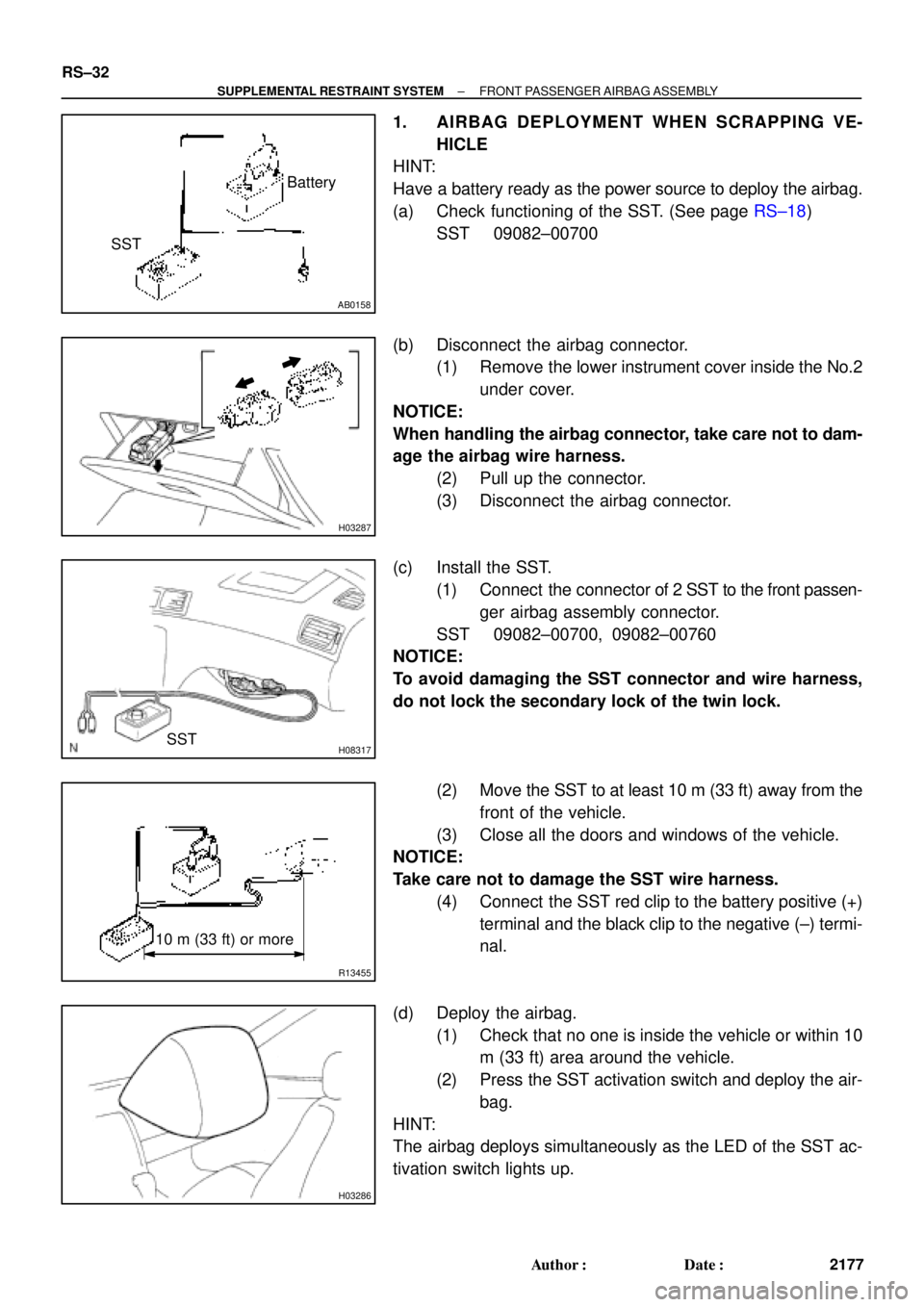 TOYOTA CAMRY 2000 Service Repair Manual AB0158
SSTBattery
H03287
H08317SST
R13455
10 m (33 ft) or more
H03286
RS±32
± SUPPLEMENTAL RESTRAINT SYSTEMFRONT PASSENGER AIRBAG ASSEMBLY
2177 Author: Date:
1. AIRBAG DEPLOYMENT WHEN SCRAPPING VE TOYOTA CAMRY 2000 Service Repair Manual AB0158
SSTBattery
H03287
H08317SST
R13455
10 m (33 ft) or more
H03286
RS±32
± SUPPLEMENTAL RESTRAINT SYSTEMFRONT PASSENGER AIRBAG ASSEMBLY
2177 Author: Date:
1. AIRBAG DEPLOYMENT WHEN SCRAPPING VE