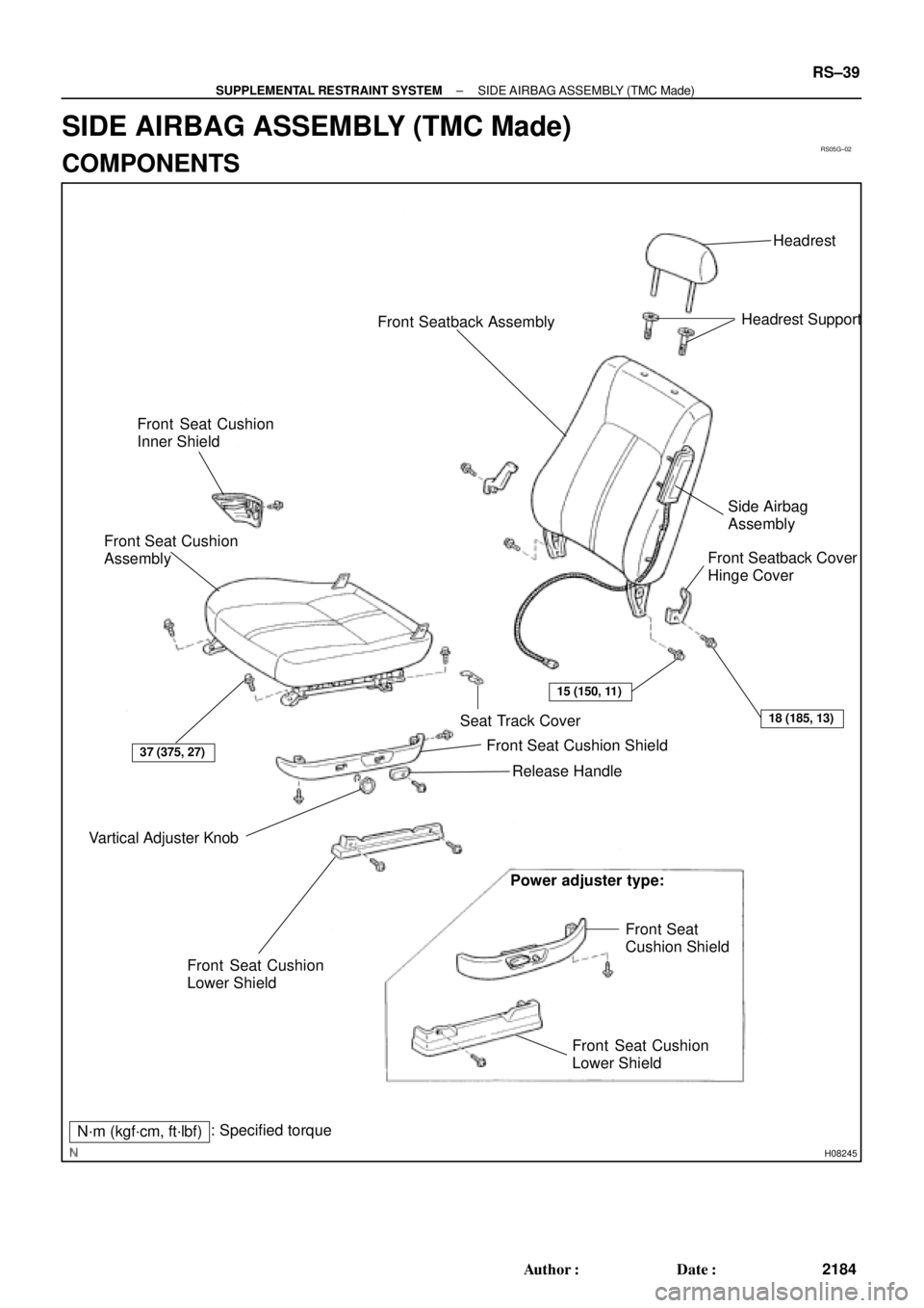TOYOTA CAMRY 2000  Service Repair Manual RS05G±02
H08245
Headrest
Headrest Support
Side Airbag 
Assembly
Front Seatback Cover
Hinge Cover
Front Seat Cushion Shield
Release Handle
Power adjuster type:
Front Seat 
Cushion Shield
Front Seat Cu
