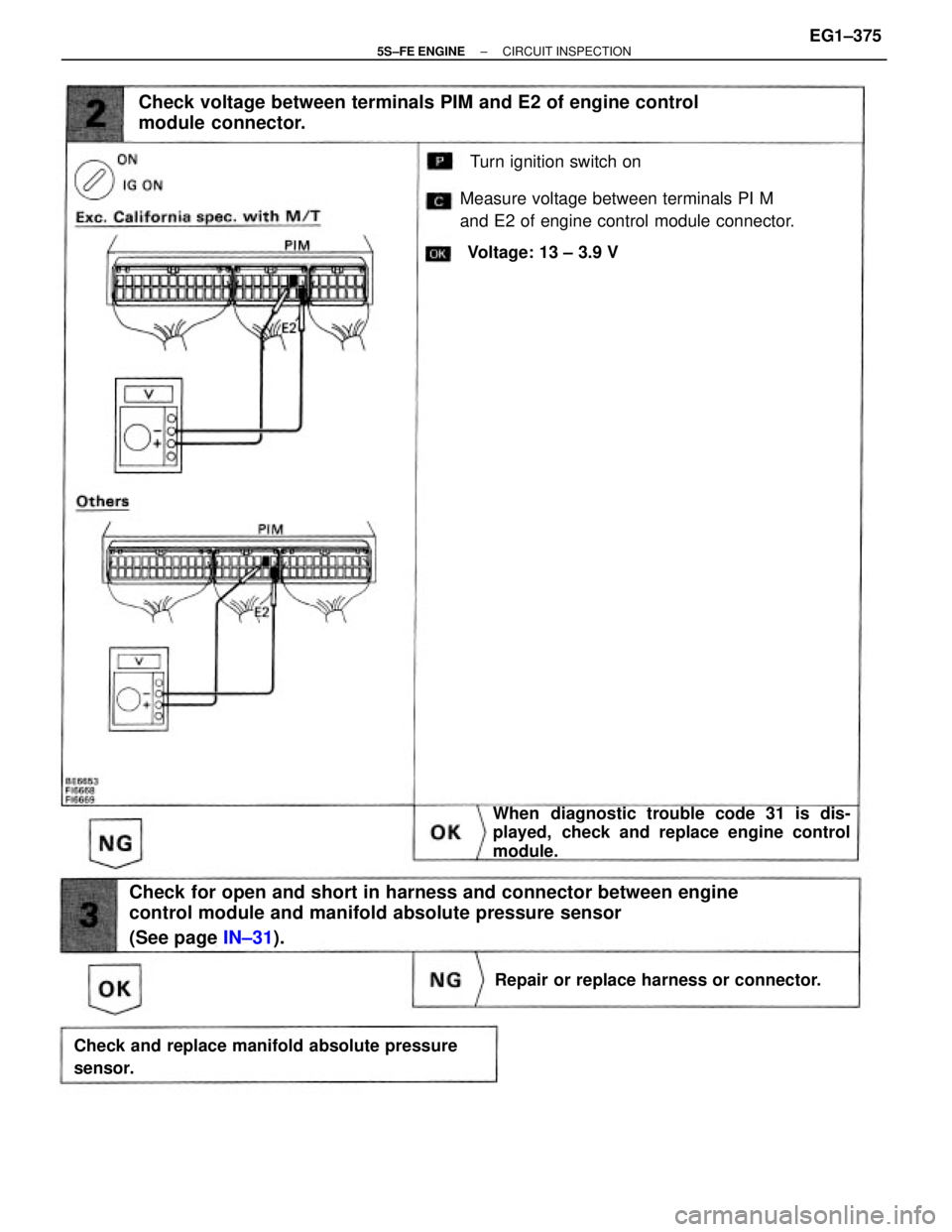 TOYOTA CAMRY 2000  Service Repair Manual Check for open and short in harness and connector between engine
control module and manifold absolute pressure sensor
(See page IN±31).
Turn ignition switch on
Check voltage between terminals PIM and
