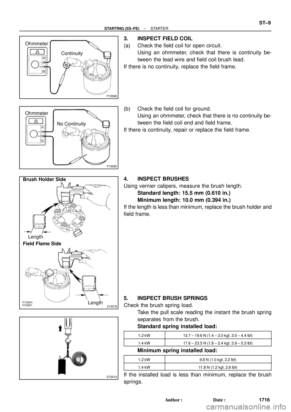 TOYOTA CAMRY 2000 Service Repair Manual P10588
Ohmmeter
Continuity
P10589
Ohmmeter
No Continuity
Z10079
Brush Holder Side
Field Flame SideLength
Length
ST0019
± STARTING (5S±FE)STARTER
ST±9
1716 Author: Date:
3. INSPECT FIELD COIL
(a) TOYOTA CAMRY 2000 Service Repair Manual P10588
Ohmmeter
Continuity
P10589
Ohmmeter
No Continuity
Z10079
Brush Holder Side
Field Flame SideLength
Length
ST0019
± STARTING (5S±FE)STARTER
ST±9
1716 Author: Date:
3. INSPECT FIELD COIL
(a)