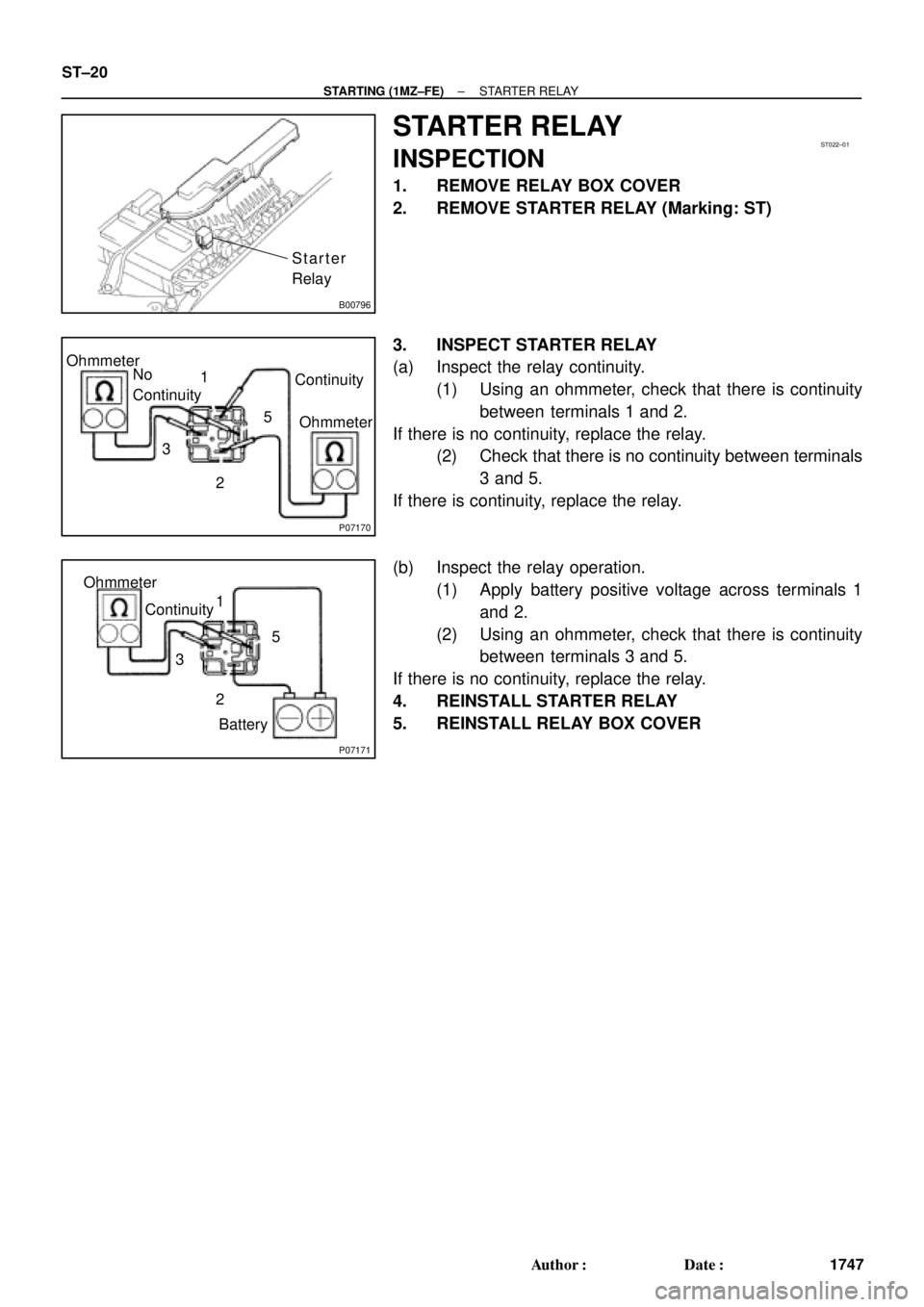 TOYOTA CAMRY 2000  Service Repair Manual B00796
Starter
Relay
ST022±01
P07170
Ohmmeter
Ohmmeter No
ContinuityContinuity 1
3
25
P07171
Ohmmeter
Continuity1
3
25
Battery ST±20
± STARTING (1MZ±FE)STARTER RELAY
1747 Author: Date:
STARTER R