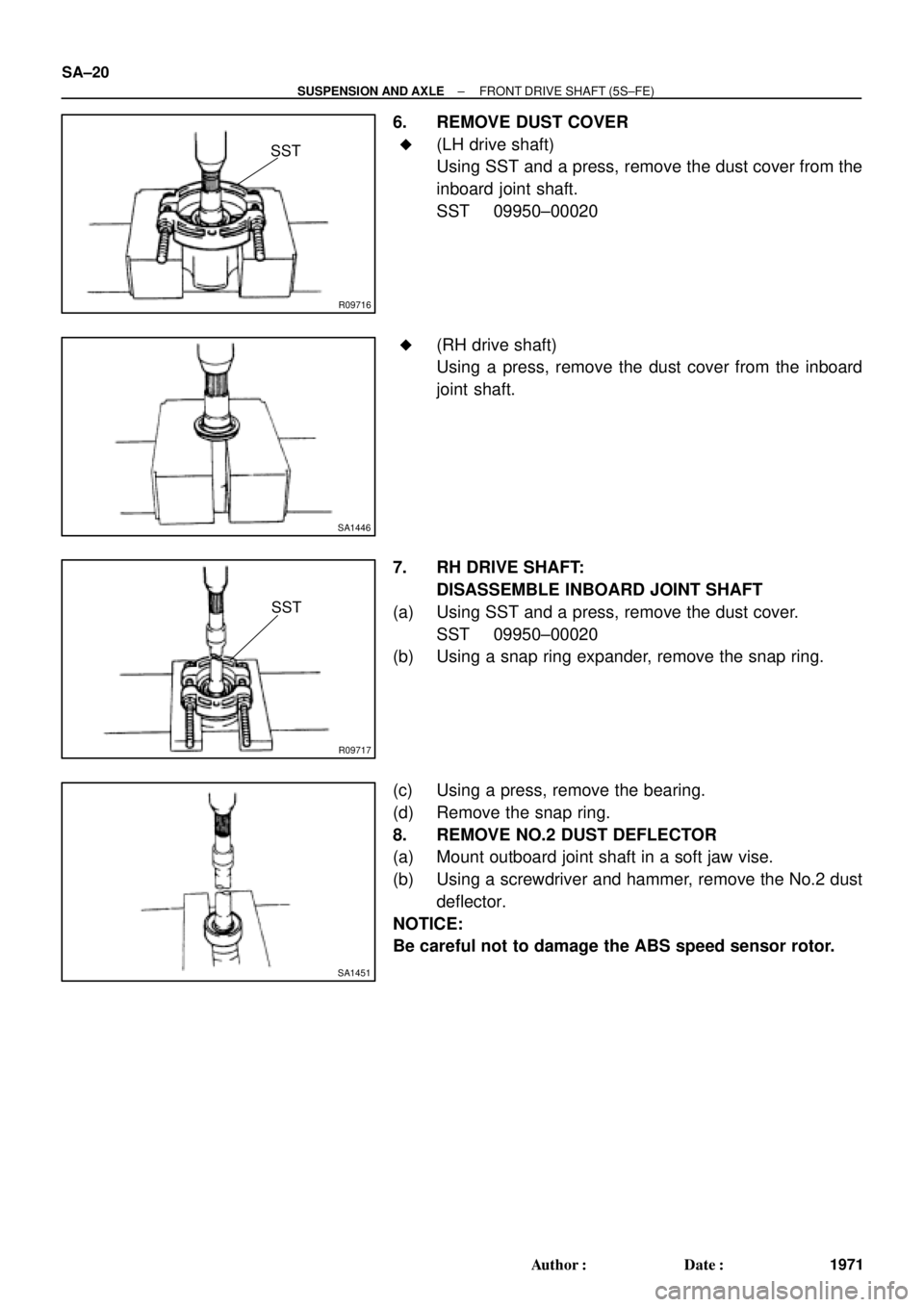 TOYOTA CAMRY 2000  Service Repair Manual R09716
SST
SA1446
R09717
SST
SA1451
SA±20
± SUSPENSION AND AXLEFRONT DRIVE SHAFT (5S±FE)
1971 Author: Date:
6. REMOVE DUST COVER
(LH drive shaft)
Using SST and a press, remove the dust cover fro
