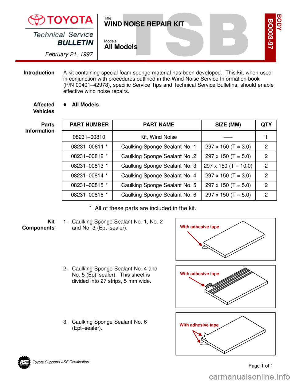 TOYOTA CAMRY 2000  Service Repair Manual TSB
IntroductionA kit containing special foam sponge material has been developed.  This kit, when used
in conjunction with procedures outlined in the Wind Noise Service Information book    
(P/N 00401