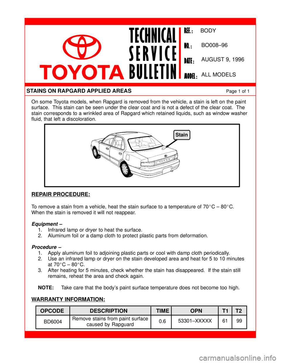 TOYOTA CAMRY 2000  Service Repair Manual On some Toyota models, when Rapgard is removed from the vehicle, a stain is left on the paint
surface.  This stain can be seen under the clear coat and is not a defect of the clear coat.  The
stain co