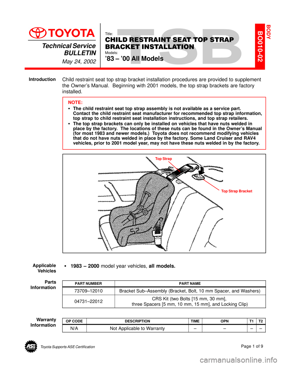 TOYOTA CAMRY 2000 Service Repair Manual Toyota Supports ASE CertificationPage 1 of 9
BO010-02Title:
CHILD RESTRAINT SEAT TOP STRAP
BRACKET INSTALLATION
Models:
83 ± 00 All Models
Technical Service
BULLETIN
May 24, 2002
Child restraint TOYOTA CAMRY 2000 Service Repair Manual Toyota Supports ASE CertificationPage 1 of 9
BO010-02Title:
CHILD RESTRAINT SEAT TOP STRAP
BRACKET INSTALLATION
Models:
83 ± 00 All Models
Technical Service
BULLETIN
May 24, 2002
Child restraint