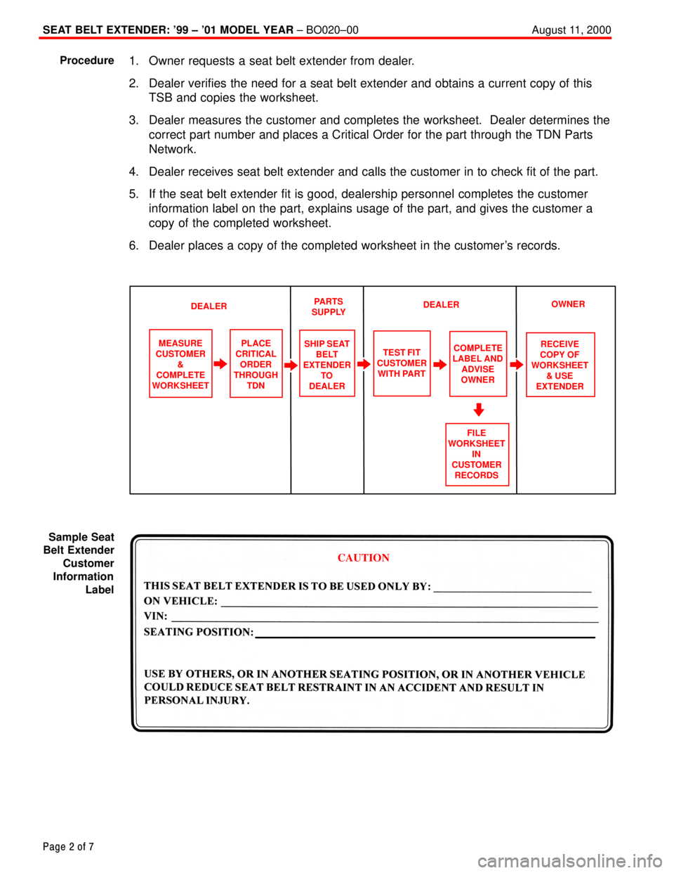TOYOTA CAMRY 2000 Service Repair Manual SEAT BELT EXTENDER: 99 ± 01 MODEL YEAR ± BO020±00 August 11, 2000
Page 2 of 7
1. Owner requests a seat belt extender from dealer.
2. Dealer verifies the need for a seat belt extender and obtains TOYOTA CAMRY 2000 Service Repair Manual SEAT BELT EXTENDER: 99 ± 01 MODEL YEAR ± BO020±00 August 11, 2000
Page 2 of 7
1. Owner requests a seat belt extender from dealer.
2. Dealer verifies the need for a seat belt extender and obtains