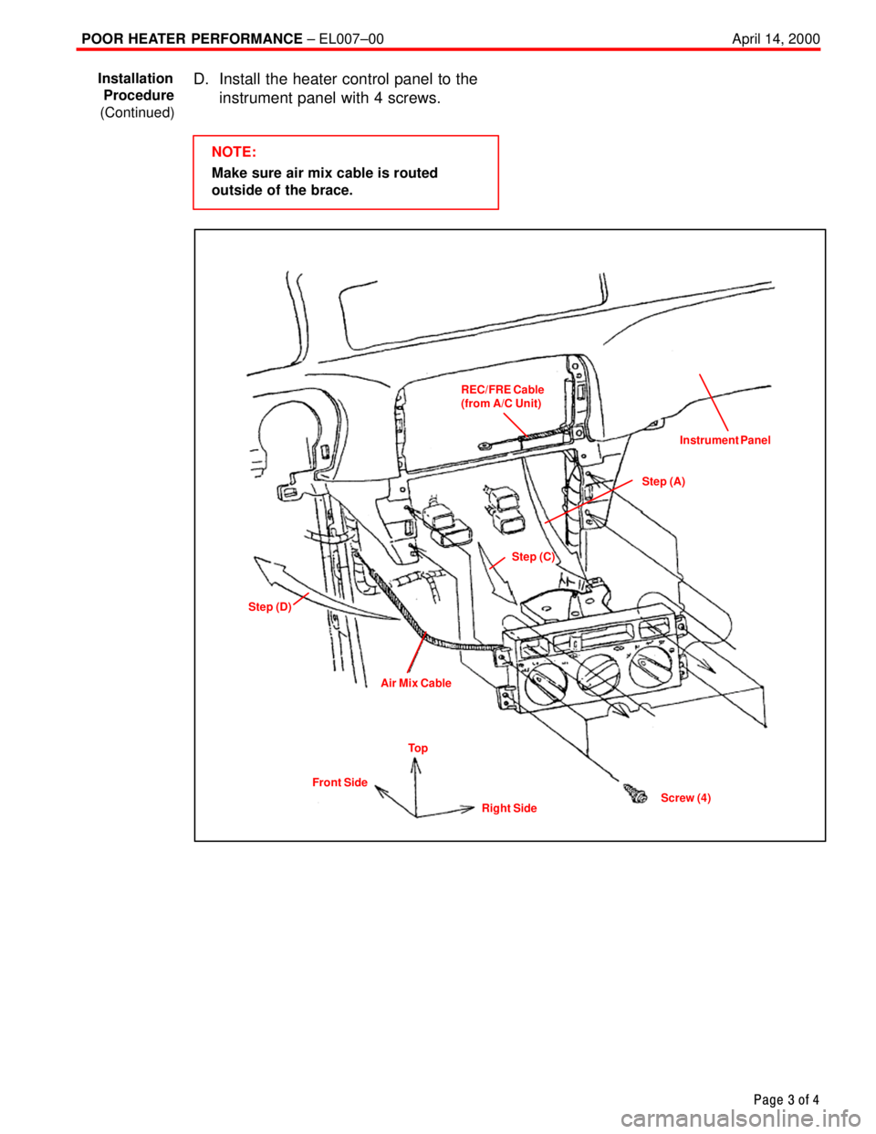 TOYOTA CAMRY 2000  Service Repair Manual POOR HEATER PERFORMANCE ± EL007±00 April 14, 2000
Page 3 of 4
D. Install the heater control panel to the
instrument panel with 4 screws.
NOTE:
Make sure air mix cable is routed
outside of the brace.