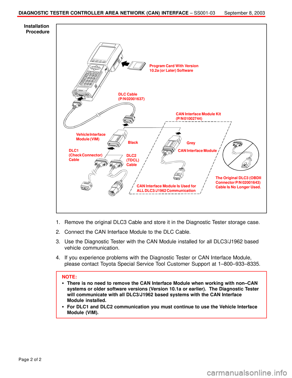 TOYOTA CAMRY 2000 Service Repair Manual DIAGNOSTIC TESTER CONTROLLER AREA NETWORK (CAN) INTERFACE ± SS001-03September 8, 2003
Page 2 of 2
Program Card With Version
10.2a (or Later) Software
CAN Interface Module Kit
(P/N 01002744)
Grey
CAN TOYOTA CAMRY 2000 Service Repair Manual DIAGNOSTIC TESTER CONTROLLER AREA NETWORK (CAN) INTERFACE ± SS001-03September 8, 2003
Page 2 of 2
Program Card With Version
10.2a (or Later) Software
CAN Interface Module Kit
(P/N 01002744)
Grey
CAN