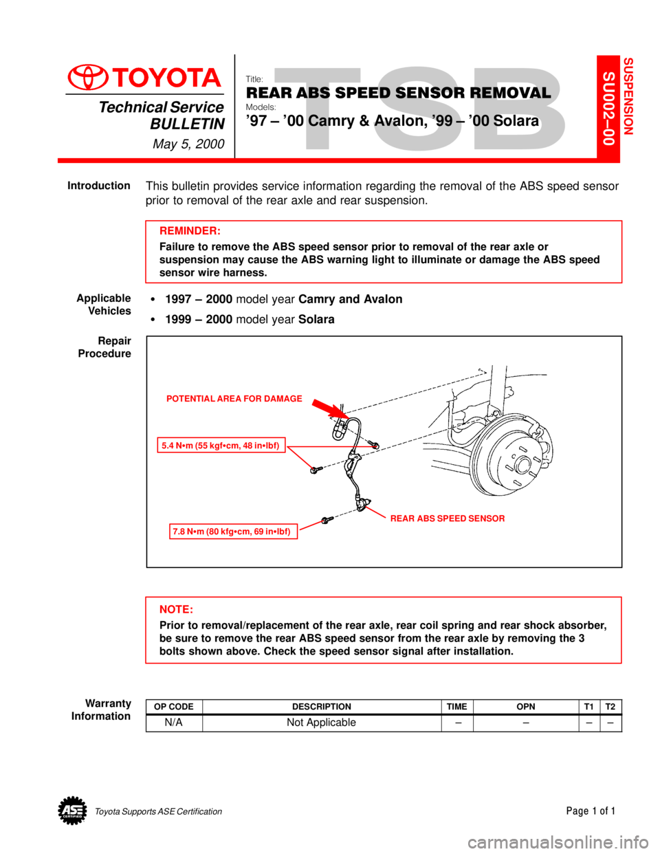TOYOTA CAMRY 2000  Service Repair Manual Toyota Supports ASE CertificationPage 1 of 1
SU002±00Title:
REAR ABS SPEED SENSOR REMOVAL
Models:
97 ± 00 Camry & Avalon, 99 ± 00 Solara
Technical Service
BULLETIN
May 5, 2000
  
This bulletin 