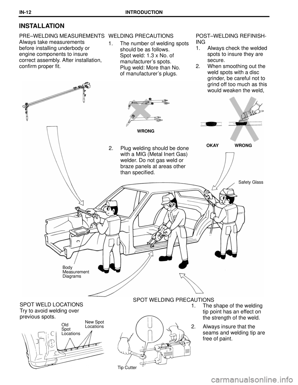 TOYOTA CAMRY 2000 Service Repair Manual POST±WELDING REFINISH-
ING
1. Always check the welded
spots to insure they are
secure.
2. When smoothing out the
weld spots with a disc
grinder, be careful not to
grind off too much as this
would wea TOYOTA CAMRY 2000 Service Repair Manual POST±WELDING REFINISH-
ING
1. Always check the welded
spots to insure they are
secure.
2. When smoothing out the
weld spots with a disc
grinder, be careful not to
grind off too much as this
would wea