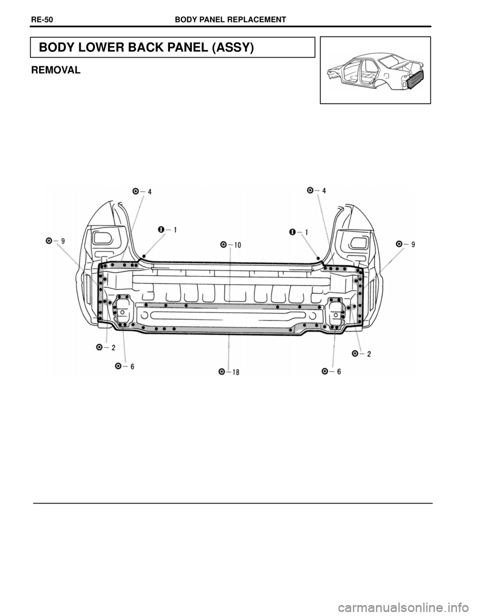 TOYOTA CAMRY 2000  Service Repair Manual BODY LOWER BACK PANEL (ASSY)
REMOVAL
BODY PANEL REPLACEMENTRE-50 