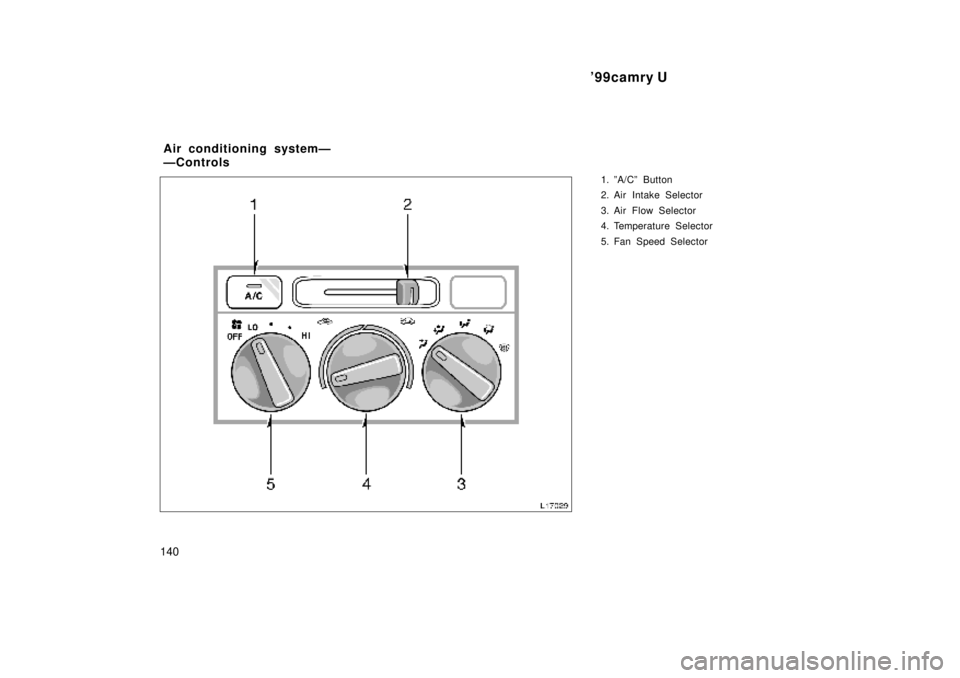 TOYOTA CAMRY 2000  Service Repair Manual 99camry U
140
1. ºA/Cº Button
2. Air Intake Selector
3. Air Flow Selector
4. Temperature Selector
5. Fan Speed Selector
Air conditioning systemÐ
ÐControls 