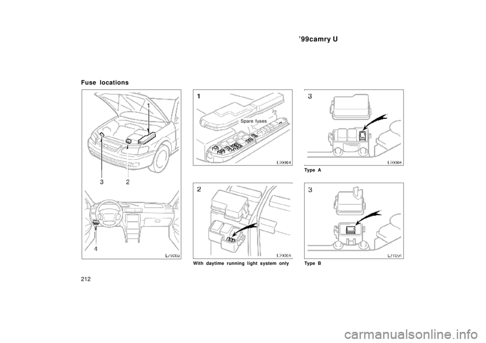 TOYOTA CAMRY 2000  Service Repair Manual 99camry U
212
Fuse locations
Spare fuses
With daytime running light system only
Ty p e A
Ty p e B 