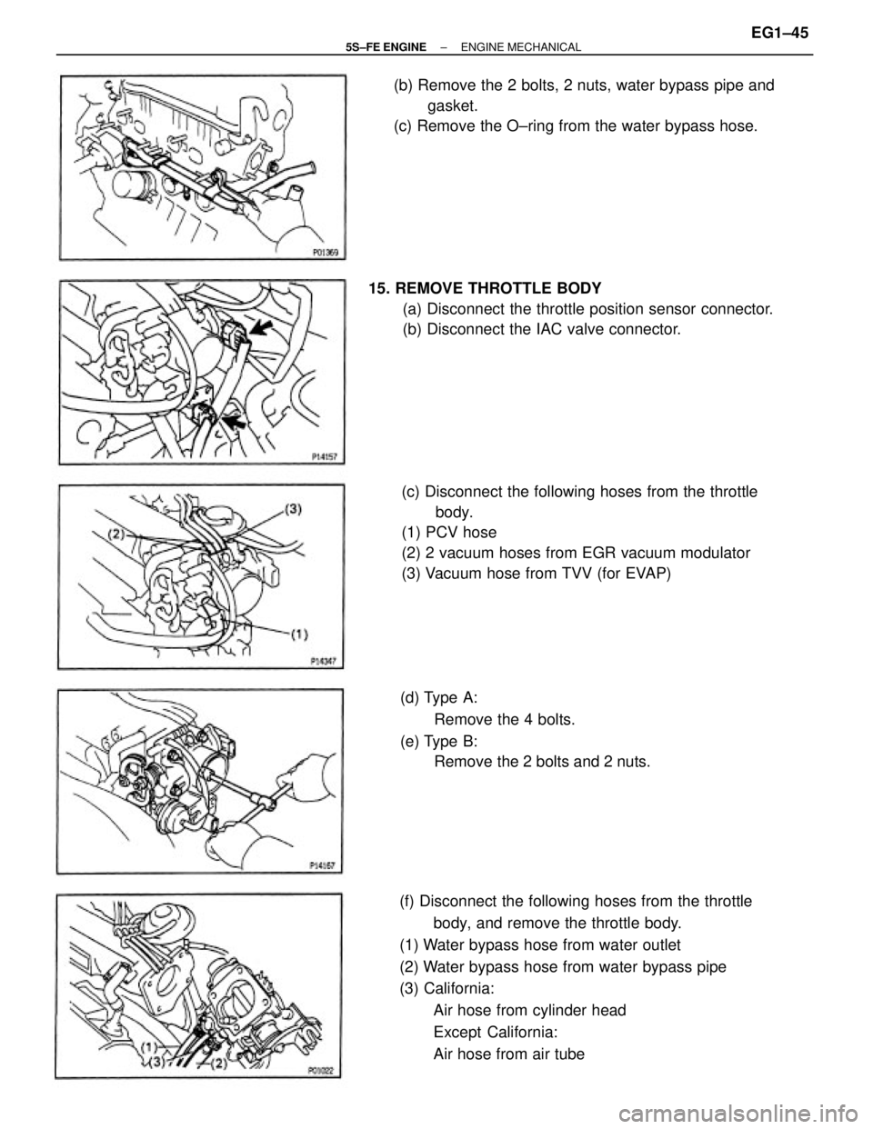 TOYOTA CAMRY 2000  Service Repair Manual (f) Disconnect the following hoses from the throttle
body, and remove the throttle body.
(1) Water bypass hose from water outlet
(2) Water bypass hose from water bypass pipe
(3) California:
Air hose f