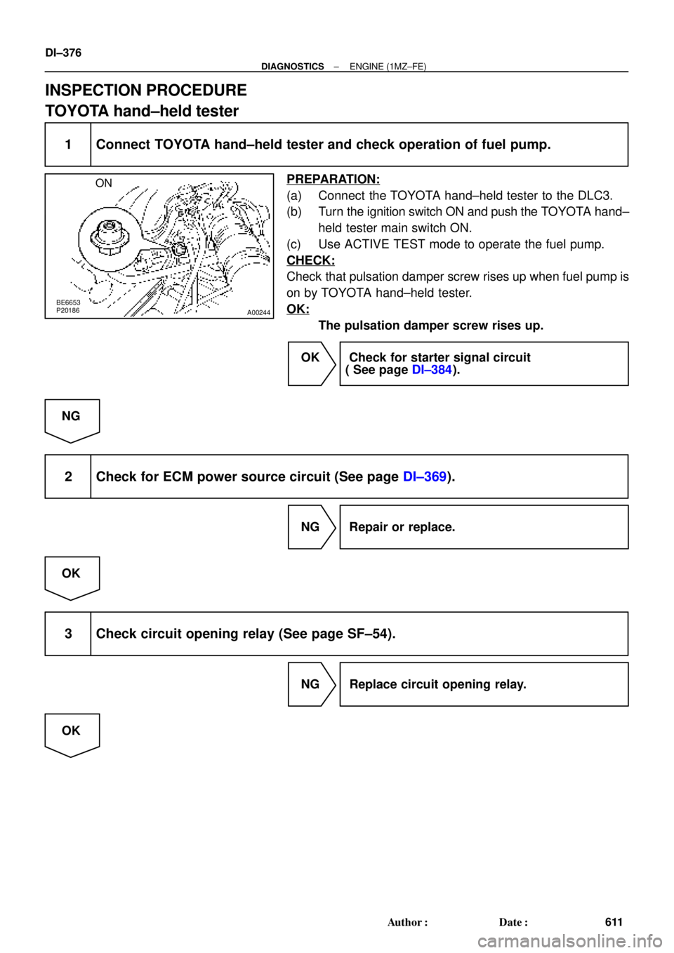 TOYOTA CAMRY 1999  Service Repair Manual A00244
ON
BE6653
P20186
DI±376
± DIAGNOSTICSENGINE (1MZ±FE)
611 Author: Date:
INSPECTION PROCEDURE
TOYOTA hand±held tester
1 Connect TOYOTA hand±held tester and check operation of fuel pump.
PR