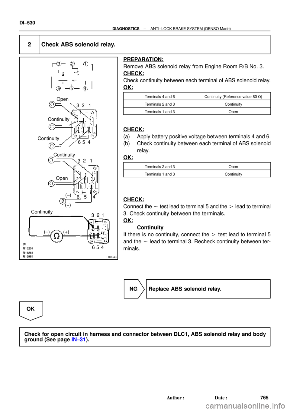 TOYOTA CAMRY 1999  Service Repair Manual F00043
1 2 3
4 5 6
1 2 3
4 5 6
1 2 3
4
65 Open
Continuity
Continuity
Continuity
Open
(+)(±)
(+) (±)1 2 3
4 5 6 Continuity
DI±530
± DIAGNOSTICSANTI±LOCK BRAKE SYSTEM (DENSO Made)
765 Author: Date