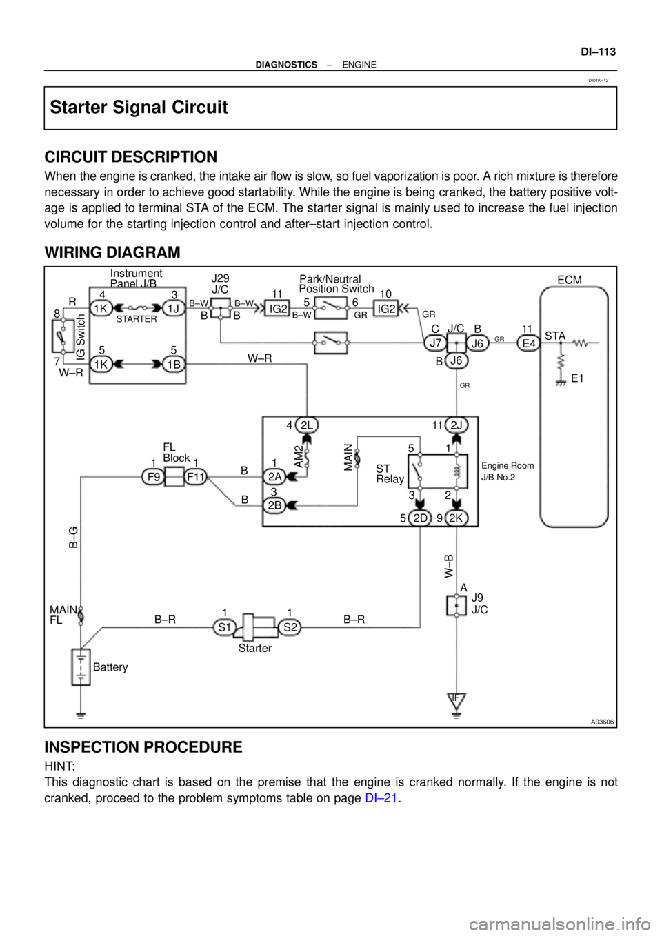 TOYOTA CAMRY 1999 Service Repair Manual A03606
ECM
STA 11
E1 E4 Instrument
Panel J/BPark/Neutral
Position Switch
B
J6 J7
B CJ/C IG210 11
IG26 5
GR B±W
B±WGR B±W
J/C J29
B B 3
1J 4
1K
5
1B 1K5
STARTER
R
8
7
W±R
IG SwitchW±R
Engine Room
TOYOTA CAMRY 1999 Service Repair Manual A03606
ECM
STA 11
E1 E4 Instrument
Panel J/BPark/Neutral
Position Switch
B
J6 J7
B CJ/C IG210 11
IG26 5
GR B±W
B±WGR B±W
J/C J29
B B 3
1J 4
1K
5
1B 1K5
STARTER
R
8
7
W±R
IG SwitchW±R
Engine Room