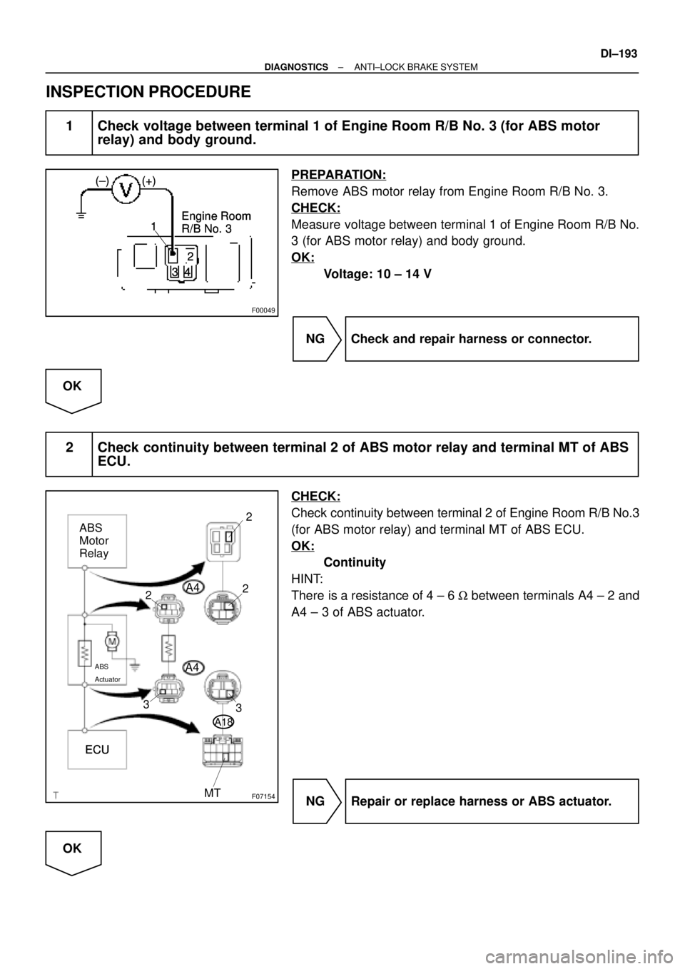 TOYOTA CAMRY 1999 Service Repair Manual F00049
1 (+) (±)
Engine Room
R/B No. 3
2
34 1 (+) (±)
Engine Room
R/B No. 32
34 1 (+) (±)
Engine Room
R/B No. 32
34
1 (+) (±)
Engine Room
R/B No. 3
2
34
F07154
3 3
ECU ECU
ECU
ABS
Motor
Relay2 TOYOTA CAMRY 1999 Service Repair Manual F00049
1 (+) (±)
Engine Room
R/B No. 3
2
34 1 (+) (±)
Engine Room
R/B No. 32
34 1 (+) (±)
Engine Room
R/B No. 32
34
1 (+) (±)
Engine Room
R/B No. 3
2
34
F07154
3 3
ECU ECU
ECU
ABS
Motor
Relay2