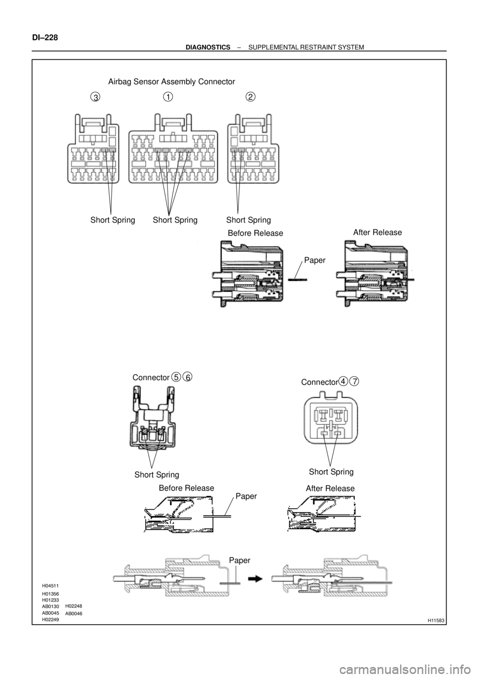 TOYOTA CAMRY 1999  Service Repair Manual H01356H01233AB0130AB0045AB0046H02248
H02249 H04511H11583
Airbag Sensor Assembly Connector
Before Release
PaperAfter Release
Before Release
After Release Connector
Short Spring
Short Spring
Paper 1
5Co