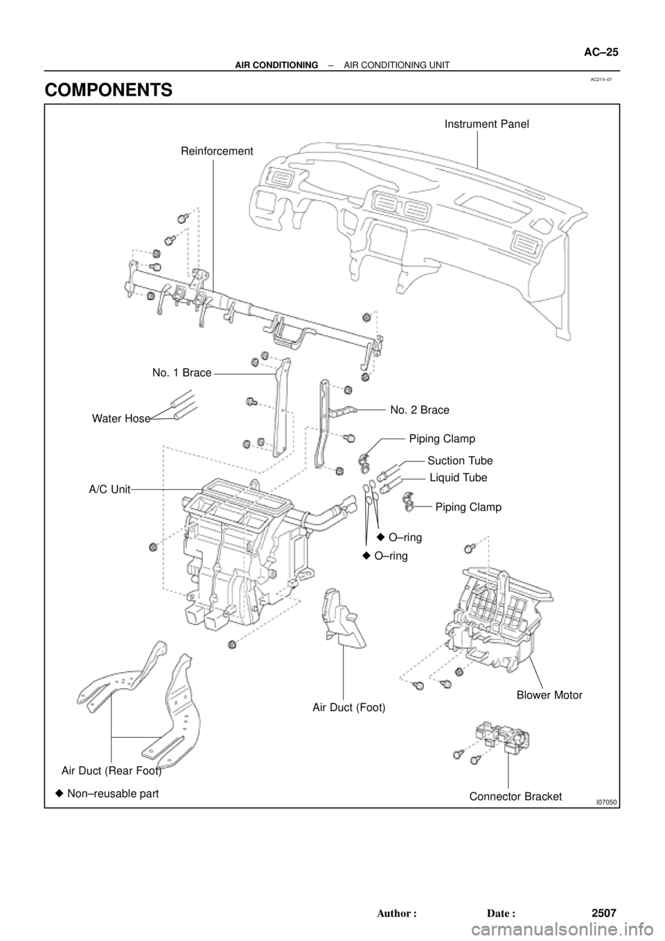 TOYOTA CAMRY 1999  Service Repair Manual AC21V±01
I07050
ReinforcementInstrument Panel
No. 1 Brace
No. 2 Brace
A/C Unit
Piping Clamp
Suction Tube
Liquid Tube
Piping Clamp
 O±ring O±ring
Air Duct (Rear Foot)
Air Duct (Foot)Blower Motor
C