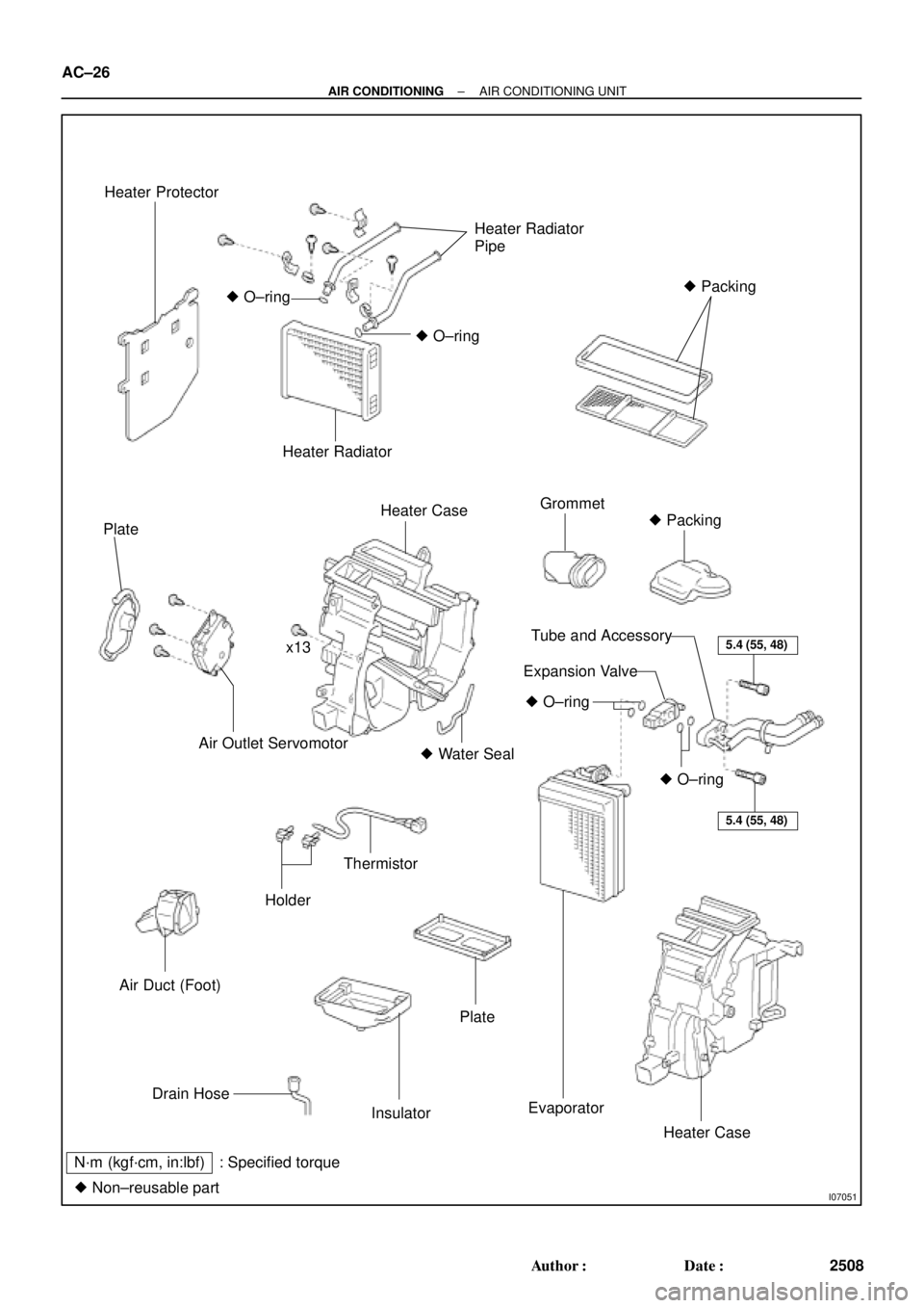TOYOTA CAMRY 1999  Service Repair Manual I07051
Heater Protector
Heater Radiator
Pipe
 Packing
 O±ring
 O±ring
Heater Radiator
Plate
Heater CaseGrommet
 Packing
x13
Air Outlet Servomotor Water Seal
Air Duct (Foot)
Holder
Thermistor
5.