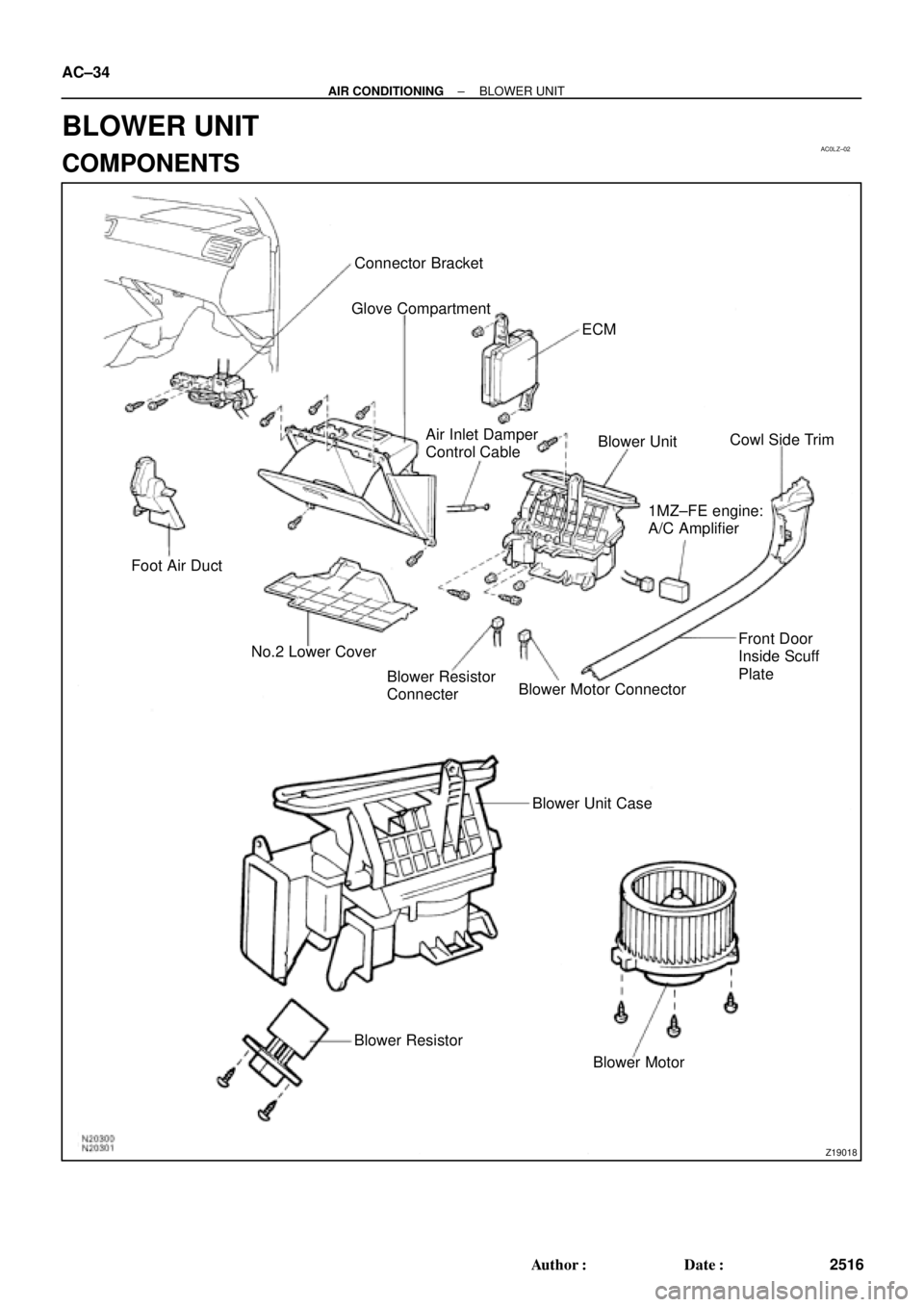 TOYOTA CAMRY 1999  Service Repair Manual AC0LZ±02
Z19018
Connector Bracket
Glove Compartment
ECM
Foot Air Duct
No.2 Lower CoverBlower UnitCowl Side Trim
Blower Motor Connector
Blower Motor Blower Unit Case Air Inlet Damper
Control Cable
1MZ