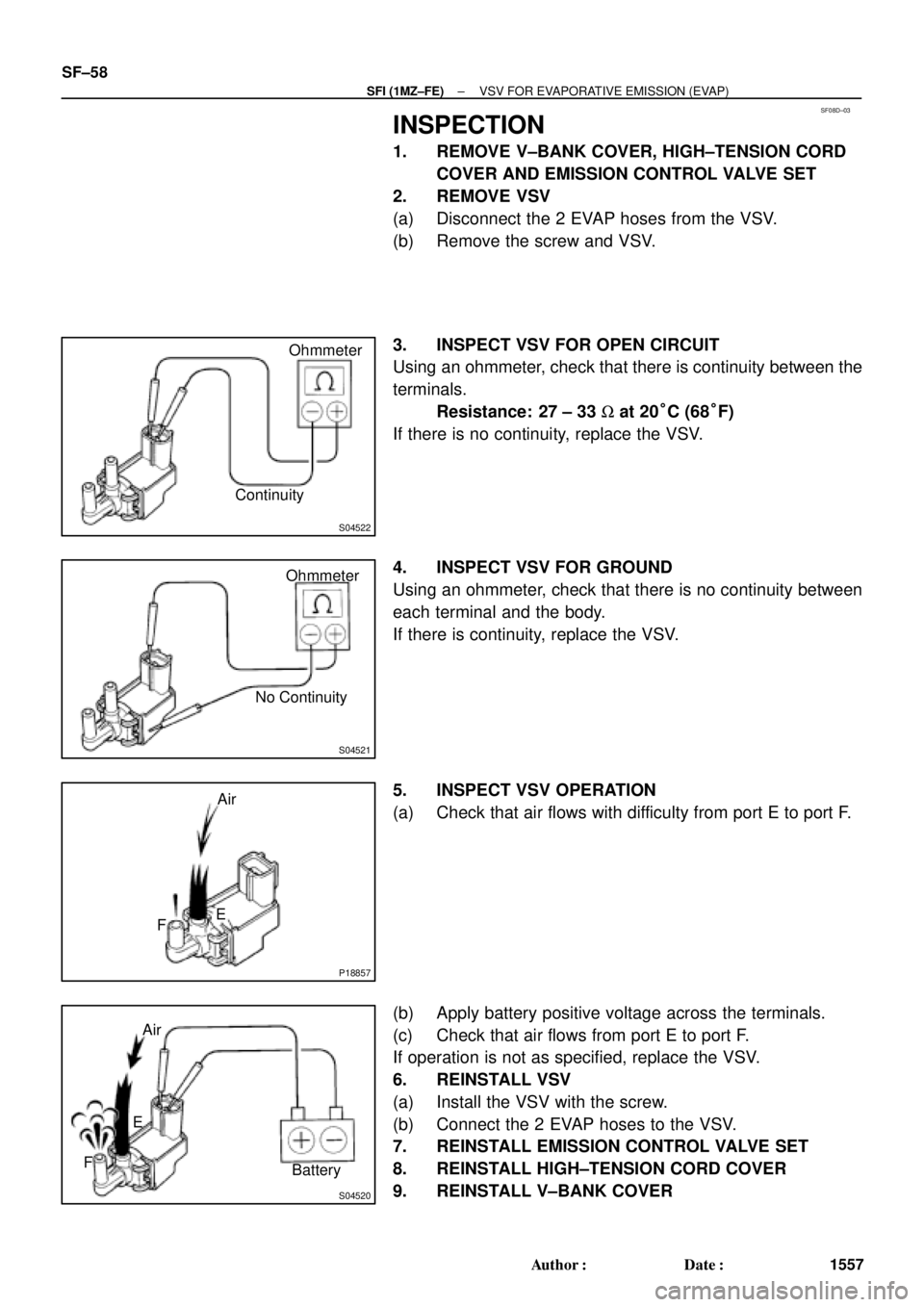 TOYOTA CAMRY 1999  Service Repair Manual SF08D±03
S04522
ContinuityOhmmeter
S04521
No ContinuityOhmmeter
P18857
Air
E
F
S04520
Air
E
F
Battery SF±58
± SFI (1MZ±FE)VSV FOR EVAPORATIVE EMISSION (EVAP)
1557 Author: Date:
INSPECTION
1. REM
